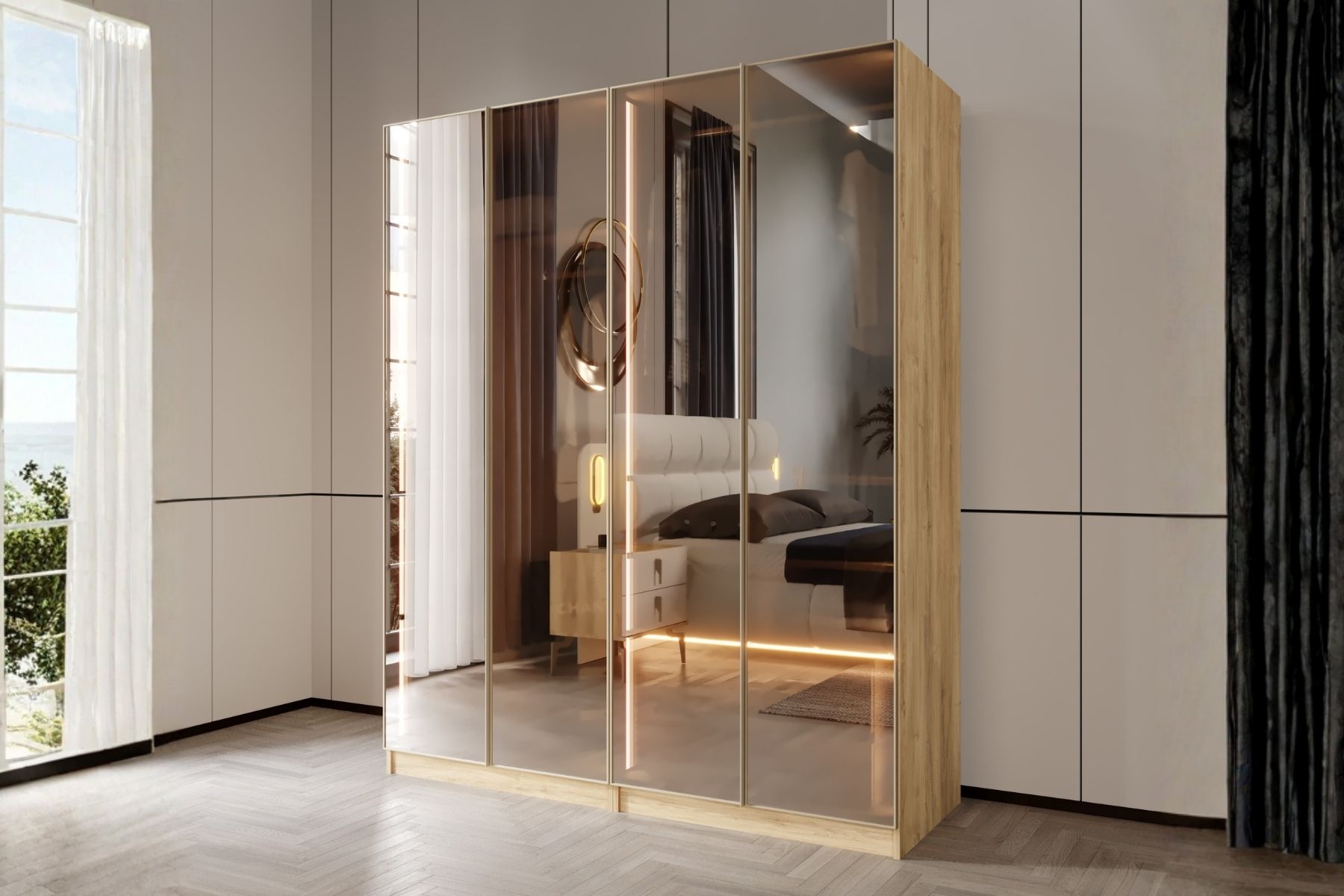 Bend Walnut 4 Kapılı Reflekte Camlı Gardırop
