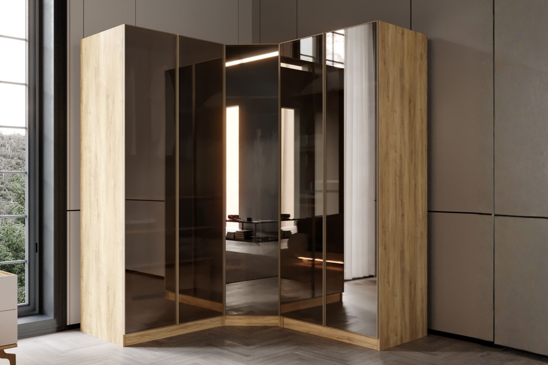 Bend Walnut 5 Kapılı Reflekte Camlı Köşe Gardırop