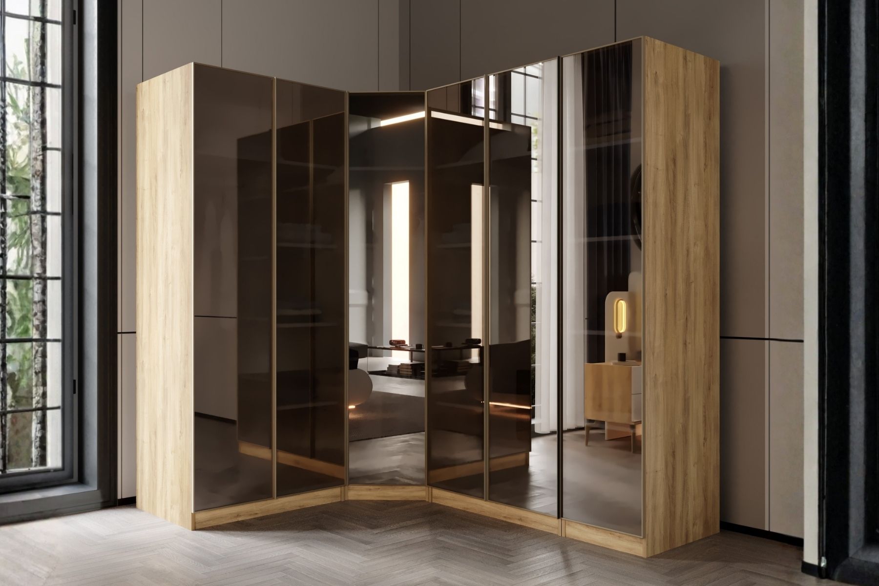 Bend Walnut 6 Kapılı Reflekte Camlı Köşe Gardırop