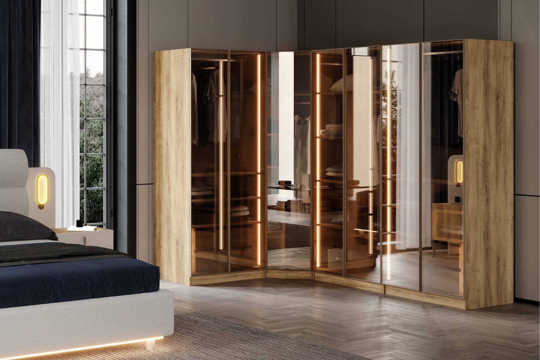 Bend Walnut 7 Kapılı Reflekte Camlı Köşe Gardırop