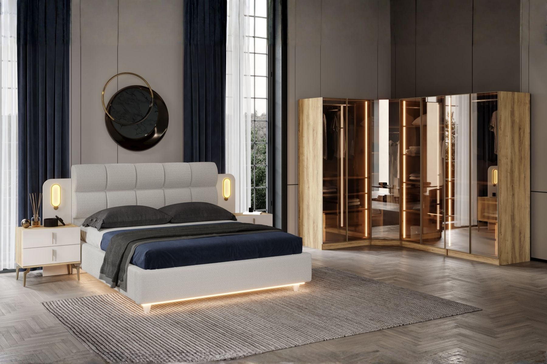 Bend Walnut 7 Kapılı Reflekte Camlı Köşe Yatak Odası Takımı