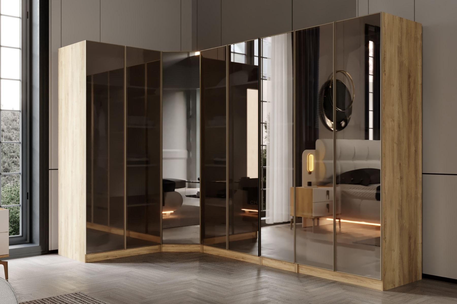 Bend Walnut 8 Kapılı Reflekte Camlı Köşe Gardırop