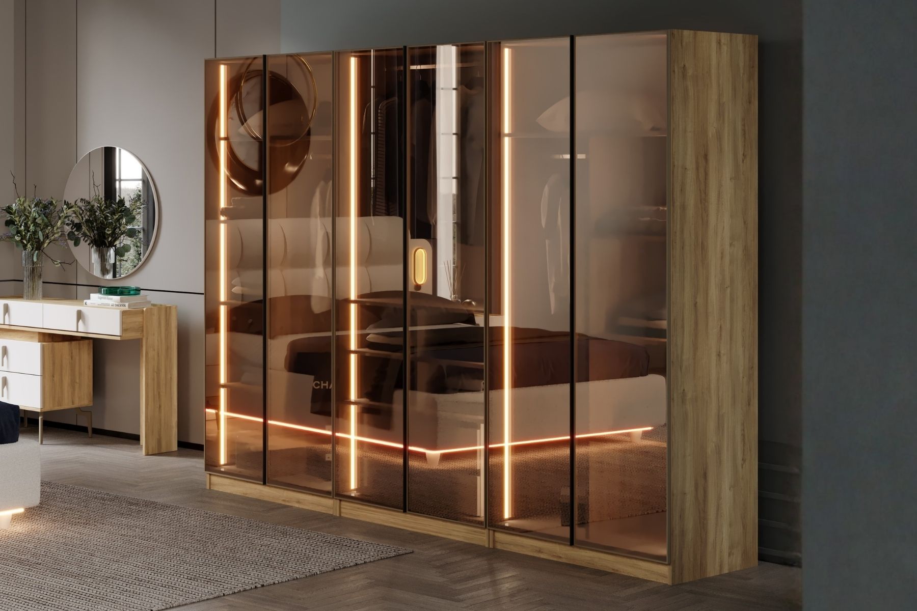 Bend Walnut 6 Kapılı Reflekte Camlı Gardırop