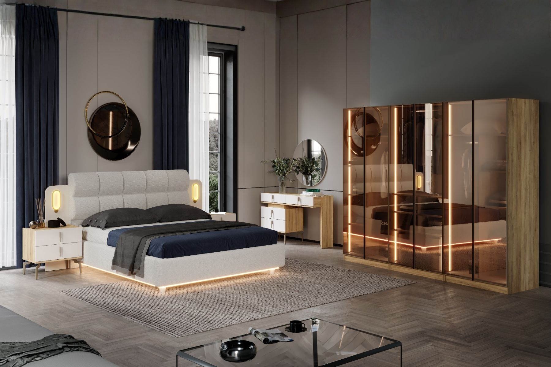 Bend Walnut 6 Kapılı Reflekte Camlı Yatak Odası Takımı