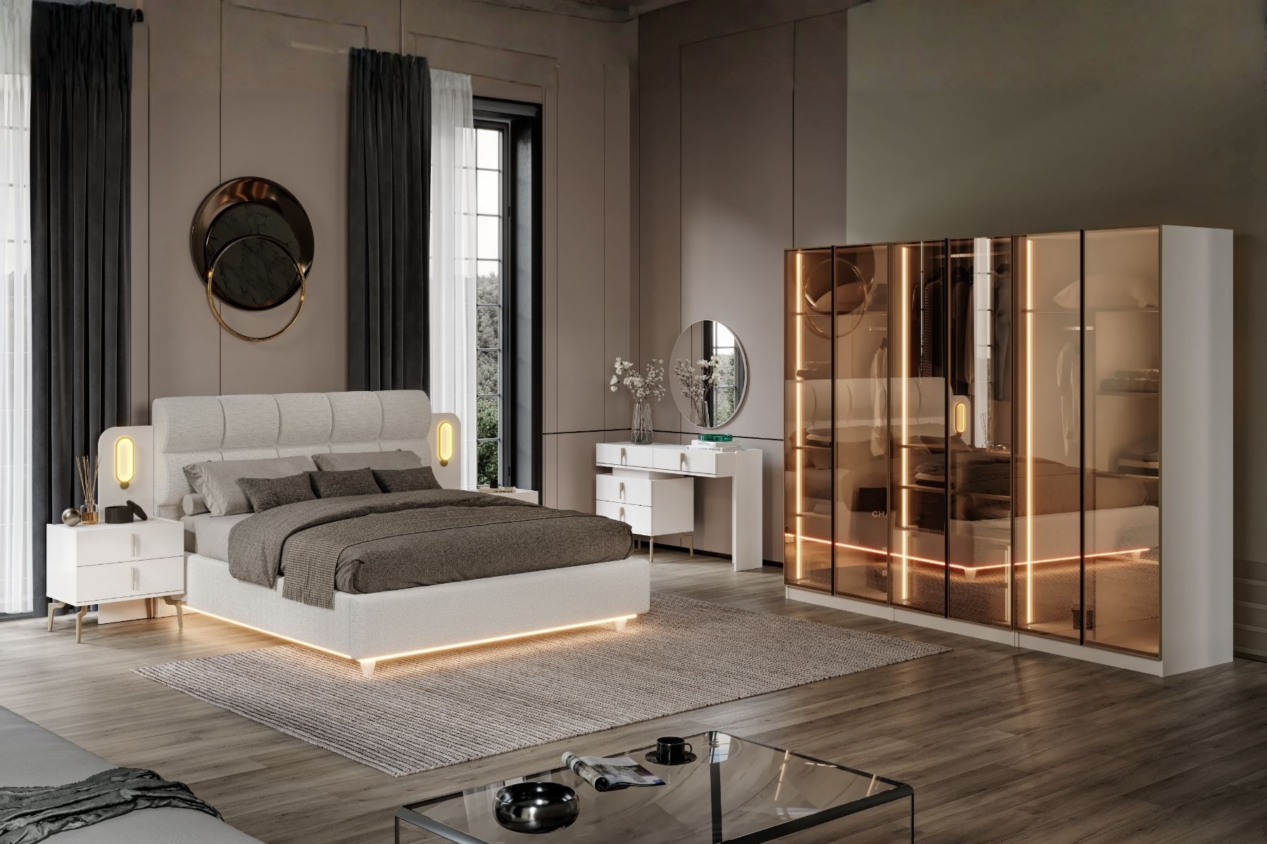 Bend Moon 6 Kapılı Reflekte Camlı Yatak Odası Takımı
