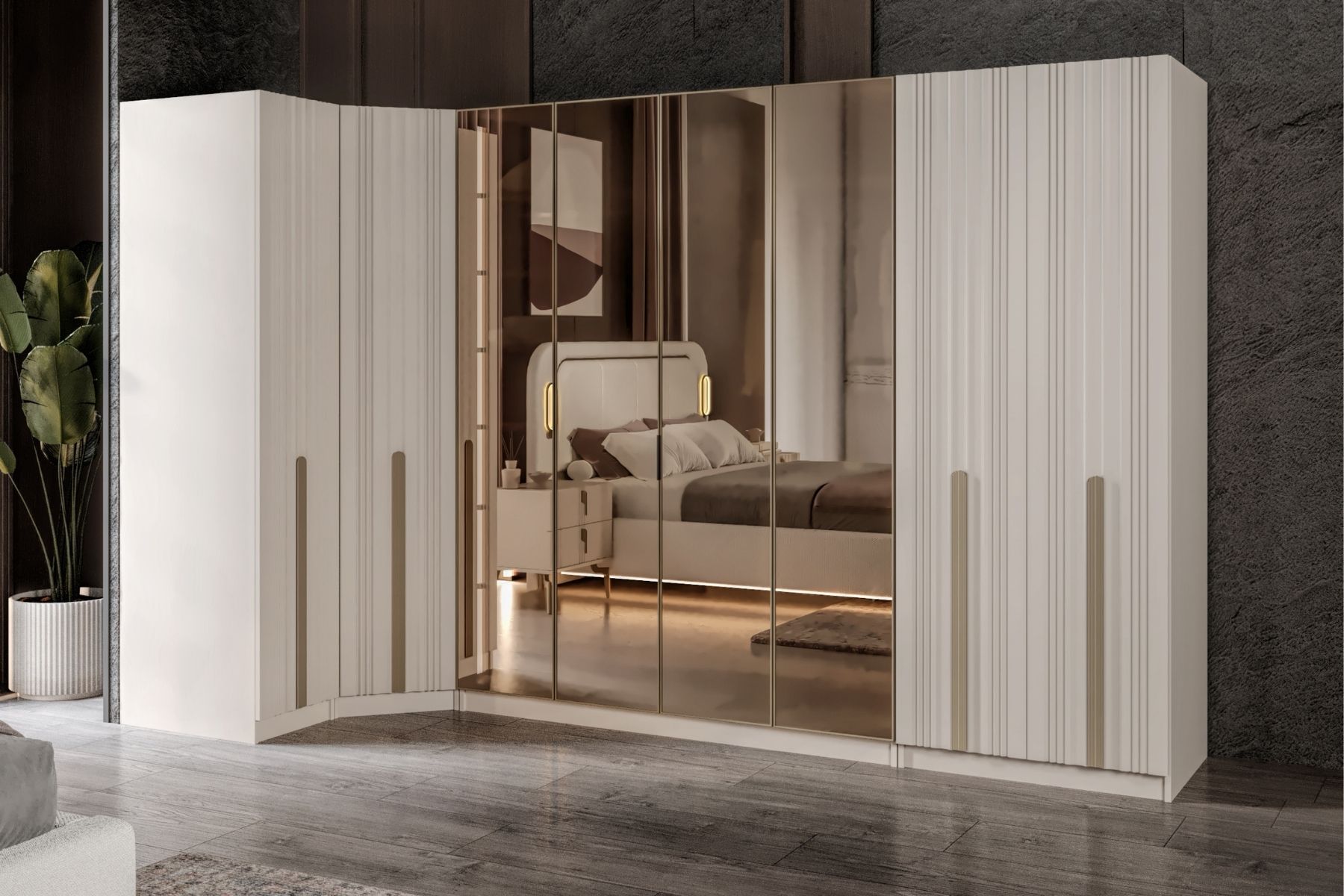 Noyer 8 Kapılı Reflekte Camlı Köşe Gardırop