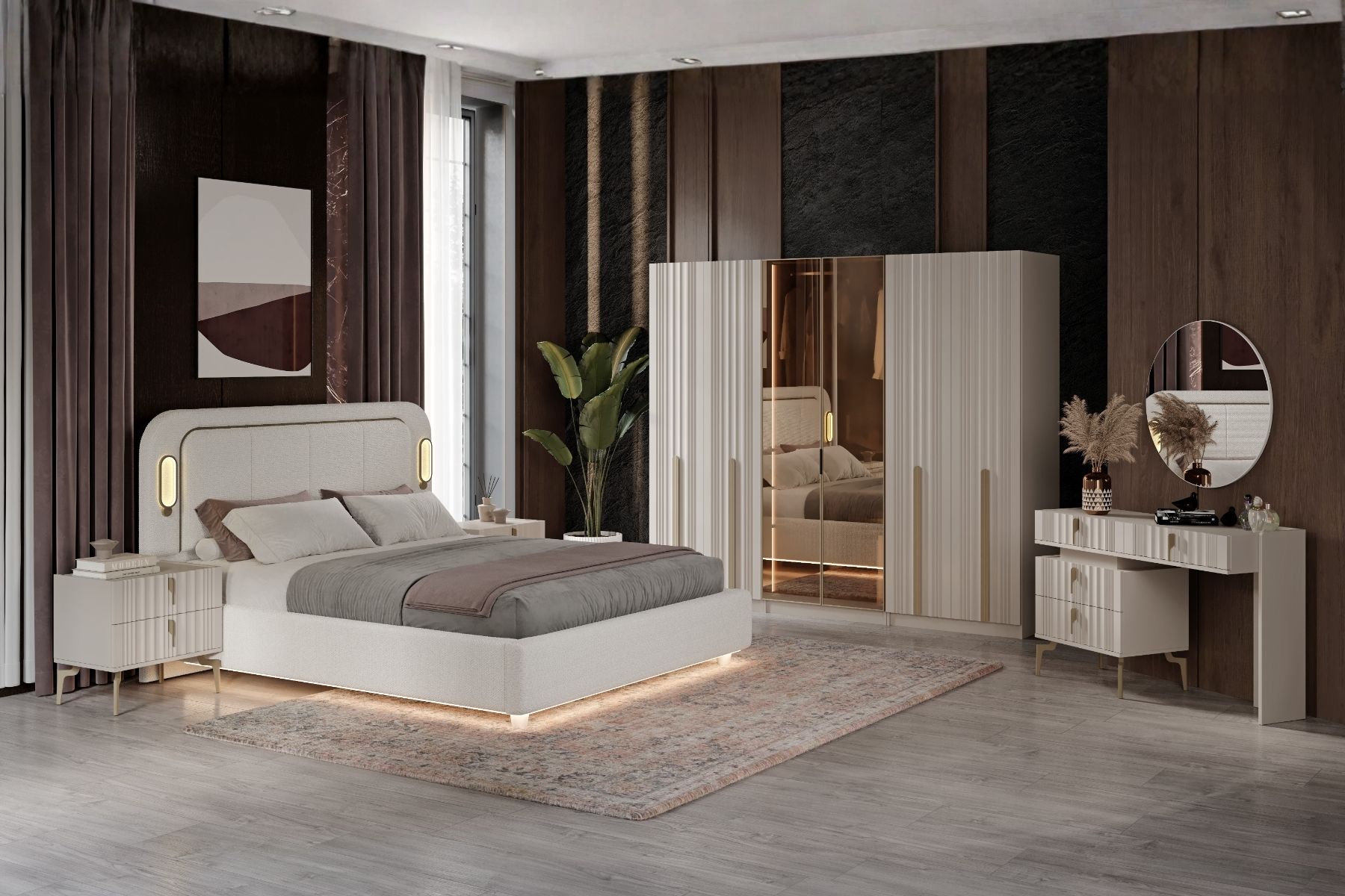Noyer 6 Kapılı Reflekte Camlı Yatak Odası Takımı
