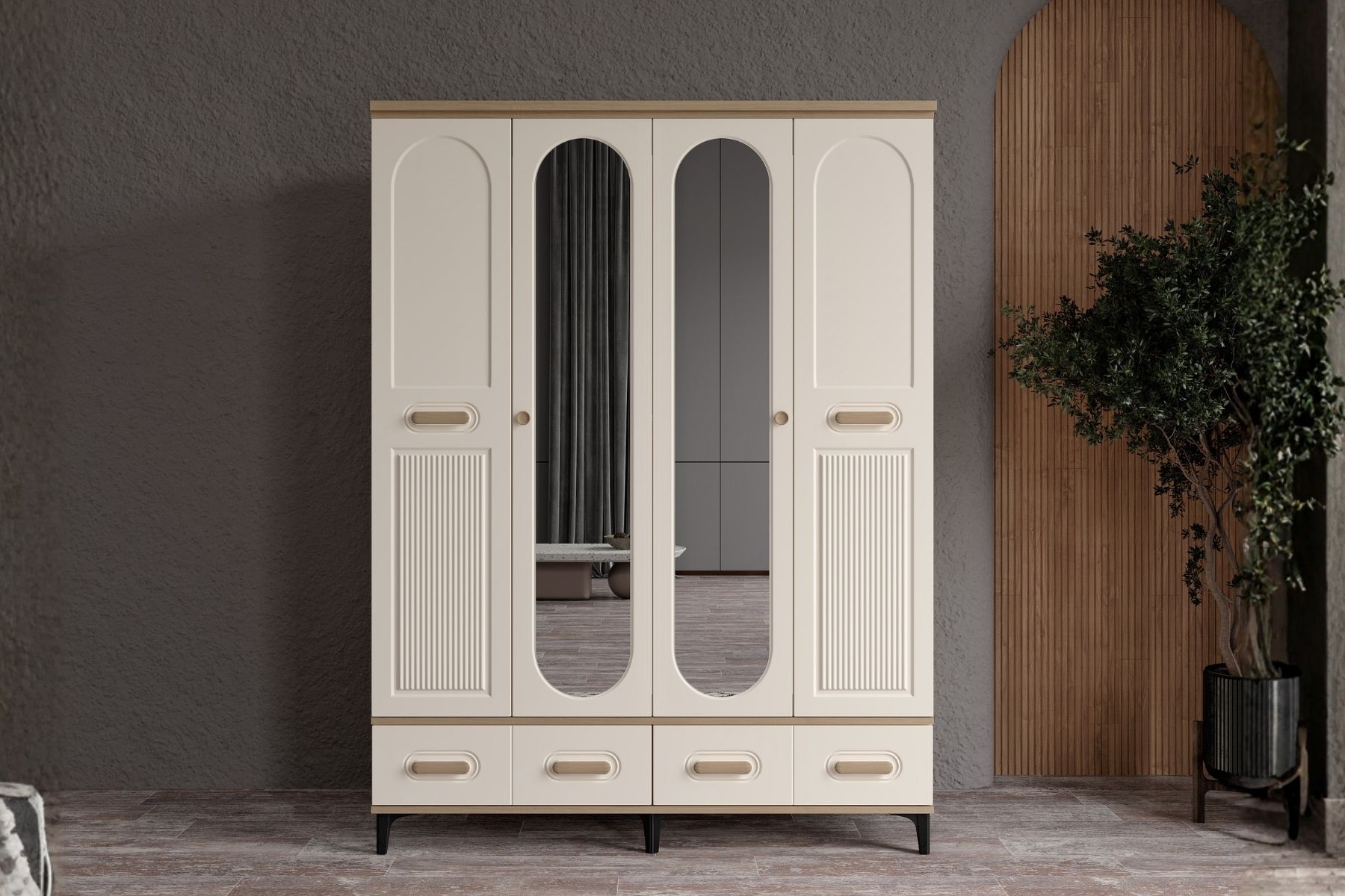 Hima Walnut 4 Kapılı Aynalı Gardırop