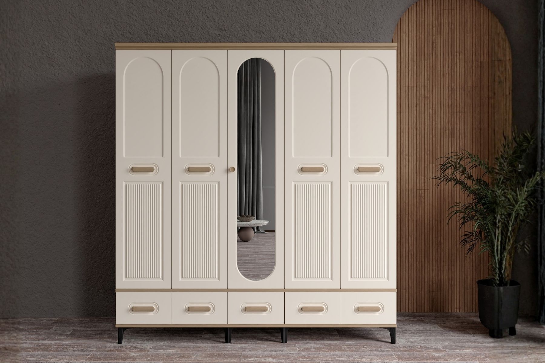 Hima Walnut 5 Kapılı Aynalı Gardırop