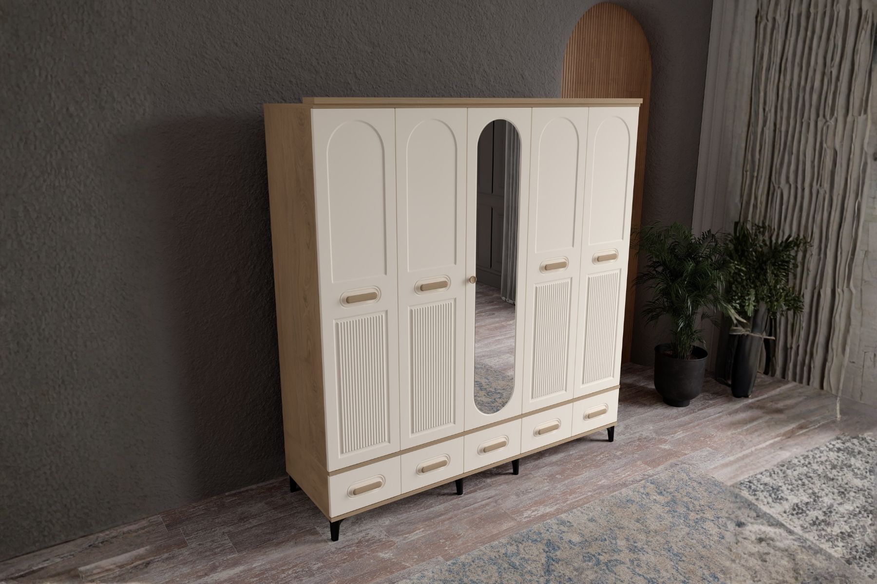 Hima Walnut 5 Kapılı Aynalı Gardırop