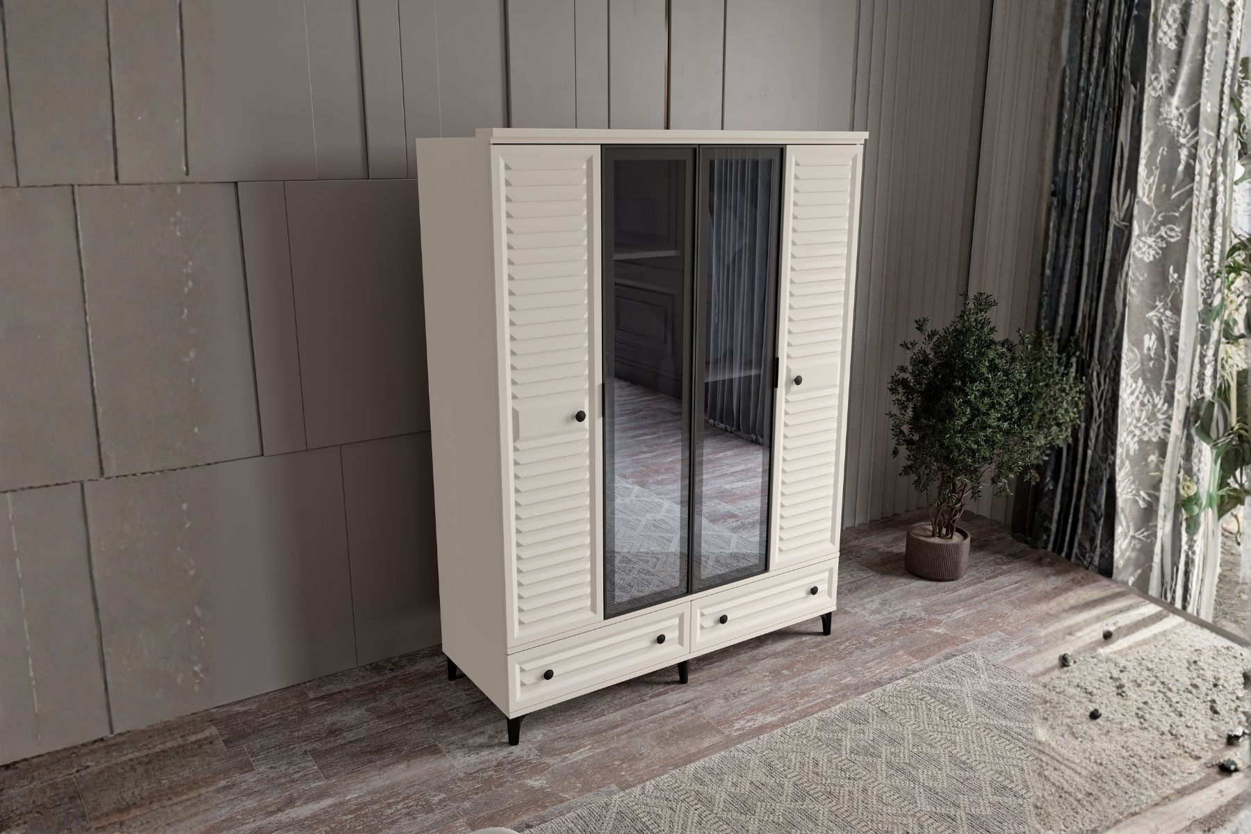 Risk Moon 4 Kapılı Camlı Gardırop 