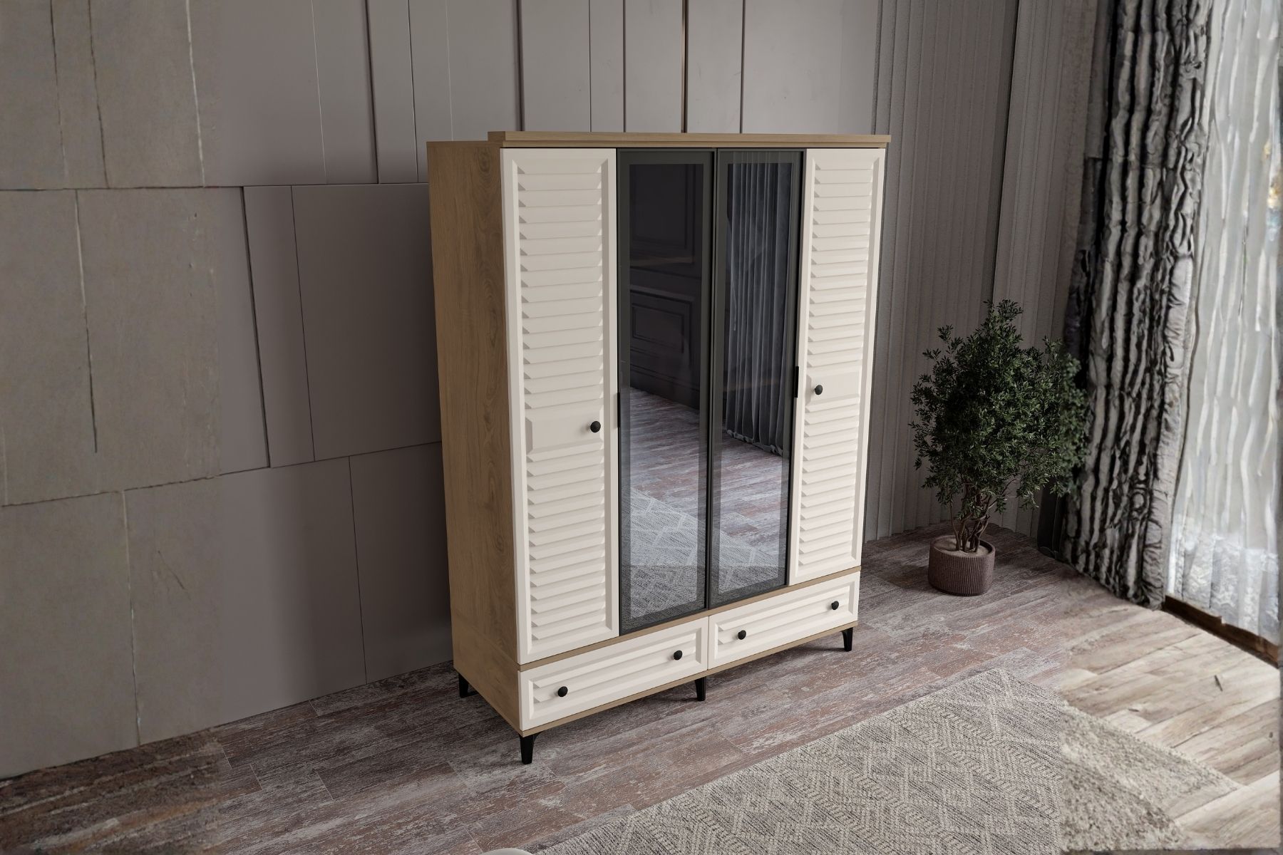 Risk Walnut 4 Kapılı Camlı Gardırop 