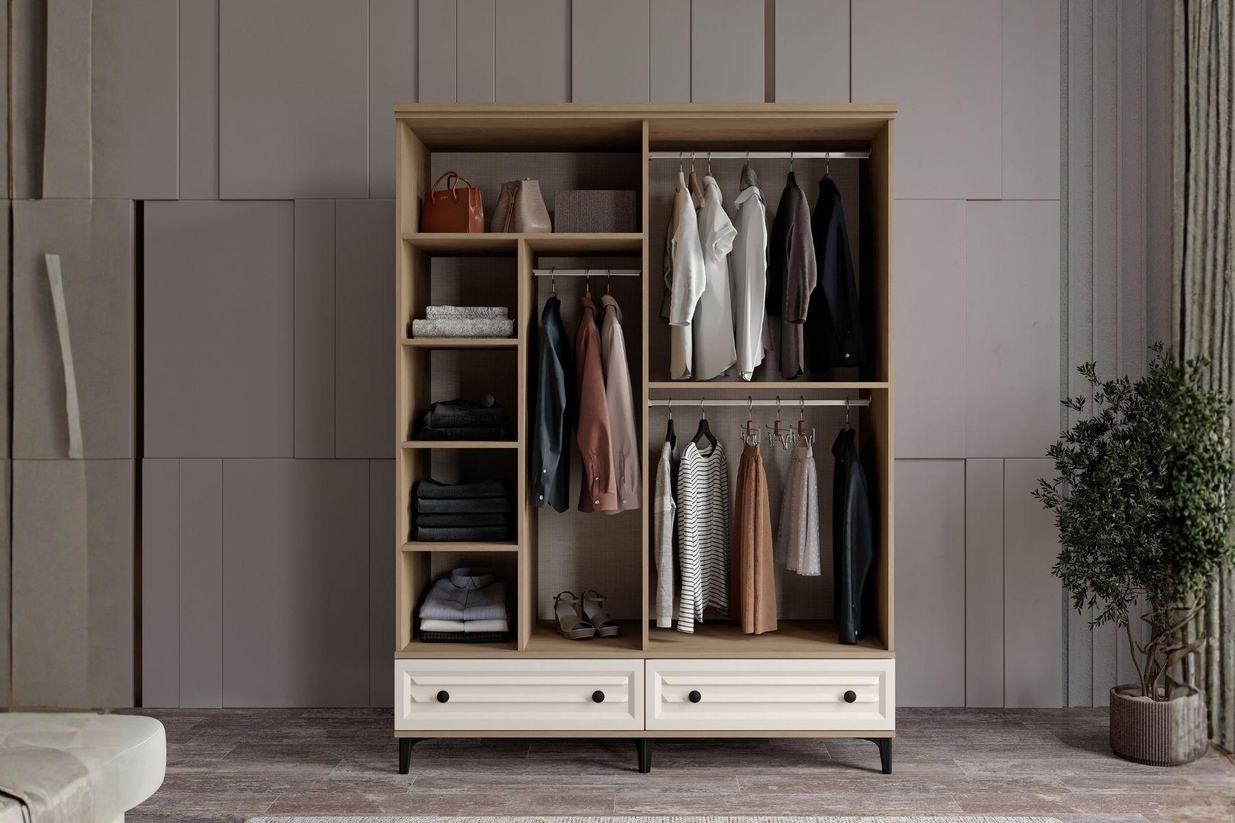 Risk Walnut 4 Kapılı Camlı Gardırop 