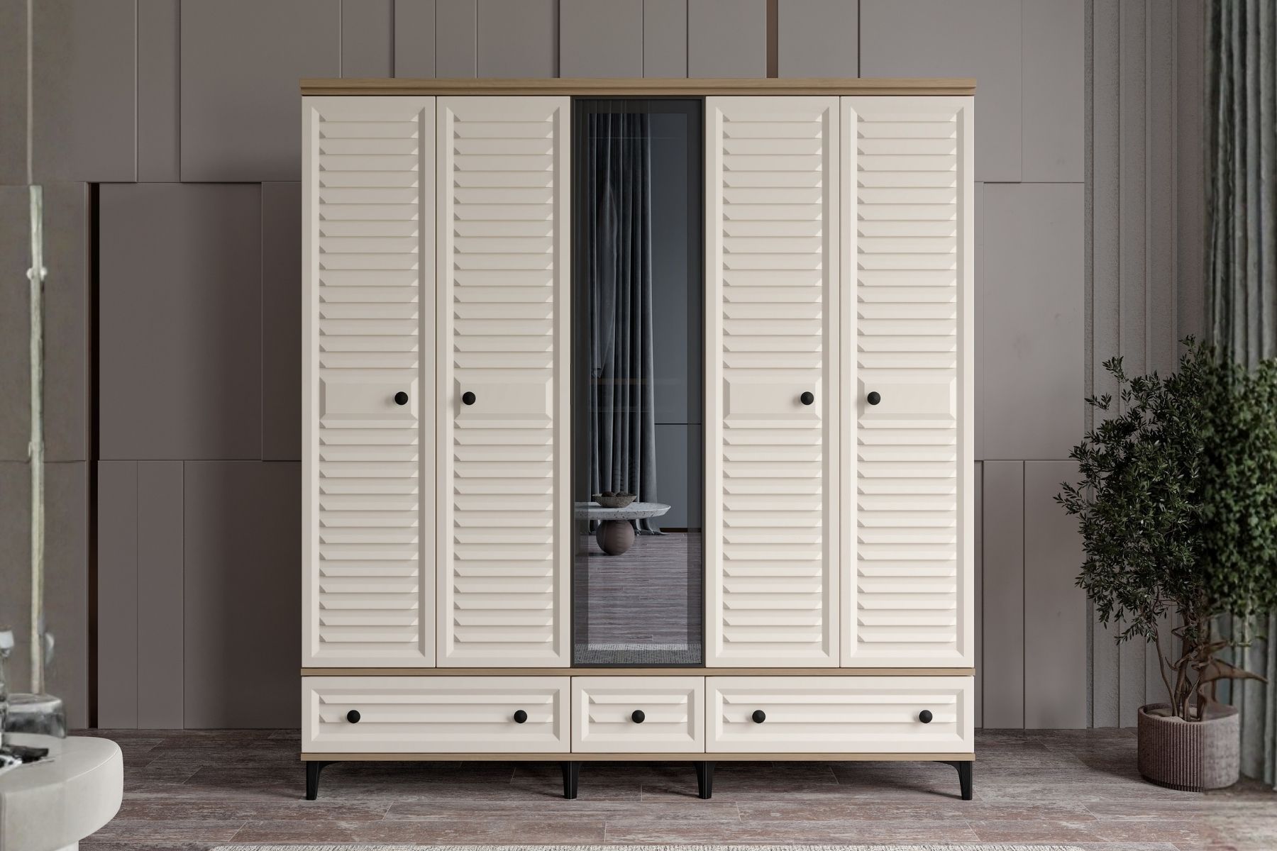 Risk Walnut 5 Kapılı Camlı Gardırop 