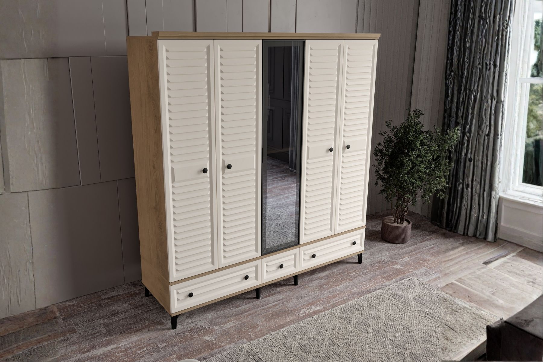 Risk Walnut 5 Kapılı Camlı Gardırop 