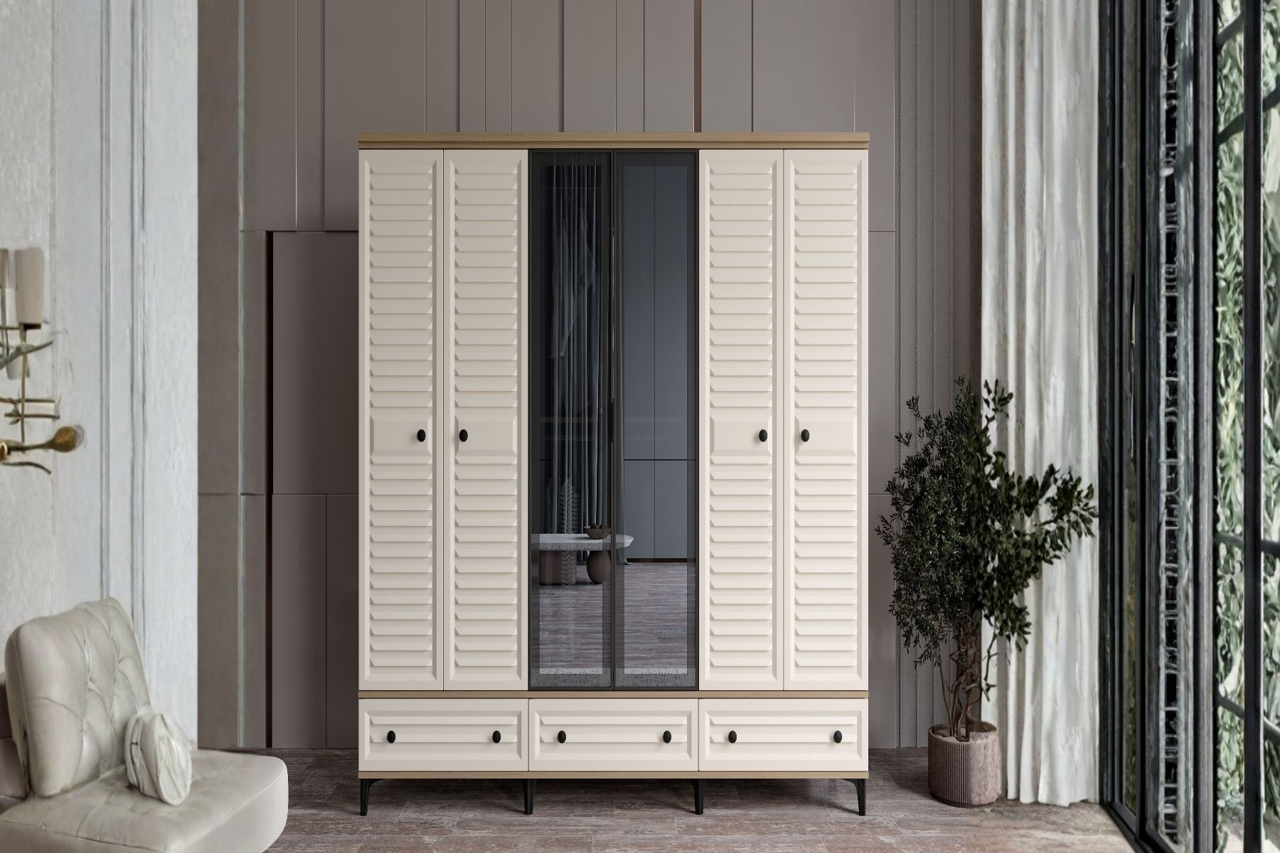 Risk Walnut 6 Kapılı Camlı Gardırop 