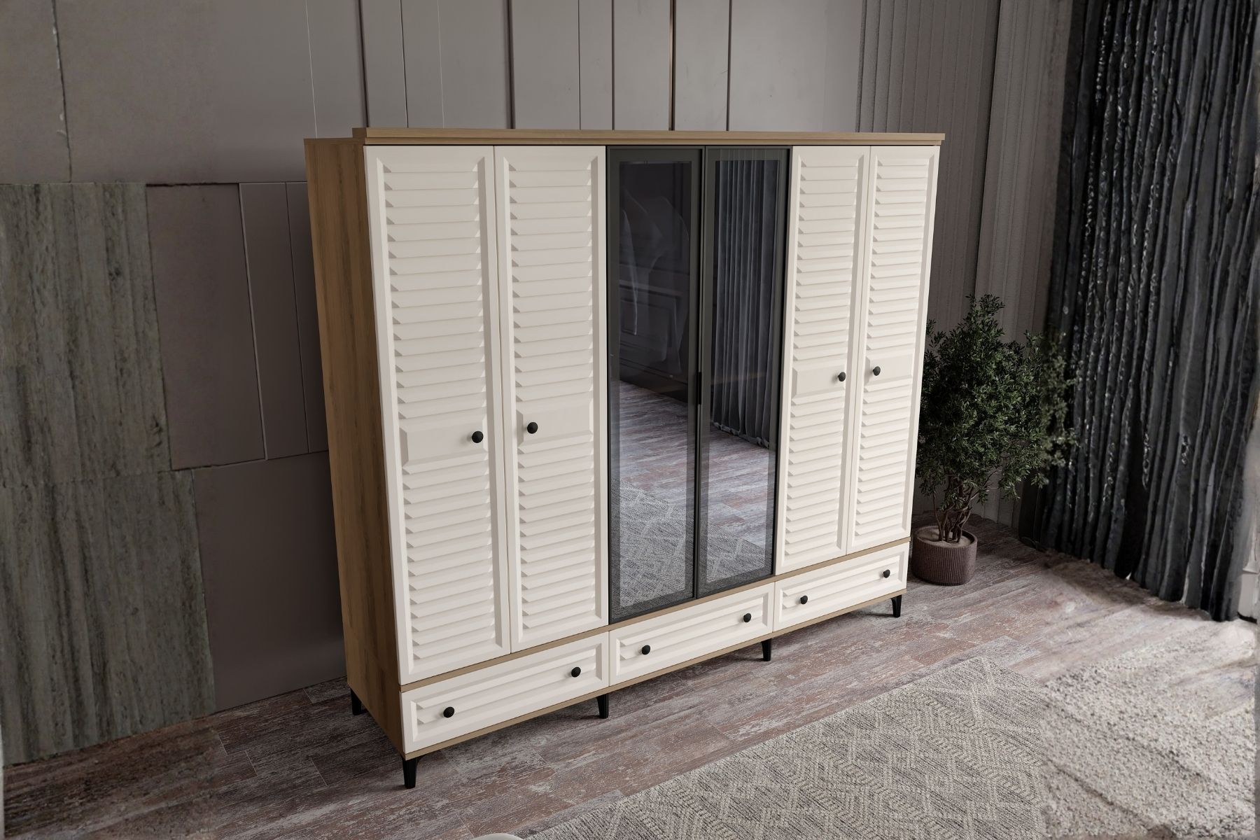 Risk Walnut 6 Kapılı Camlı Gardırop 