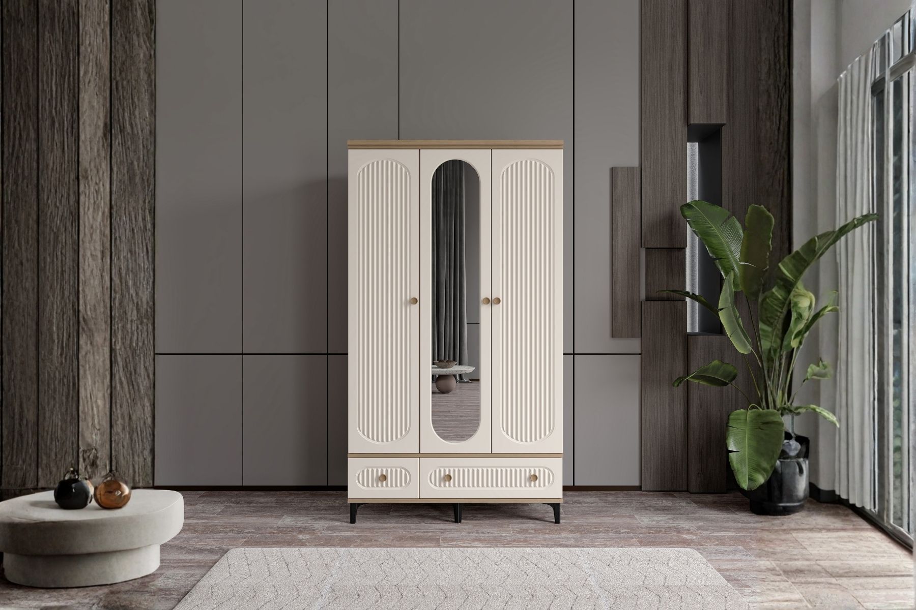 Cast Walnut 3 Kapılı Aynalı Gardırop 