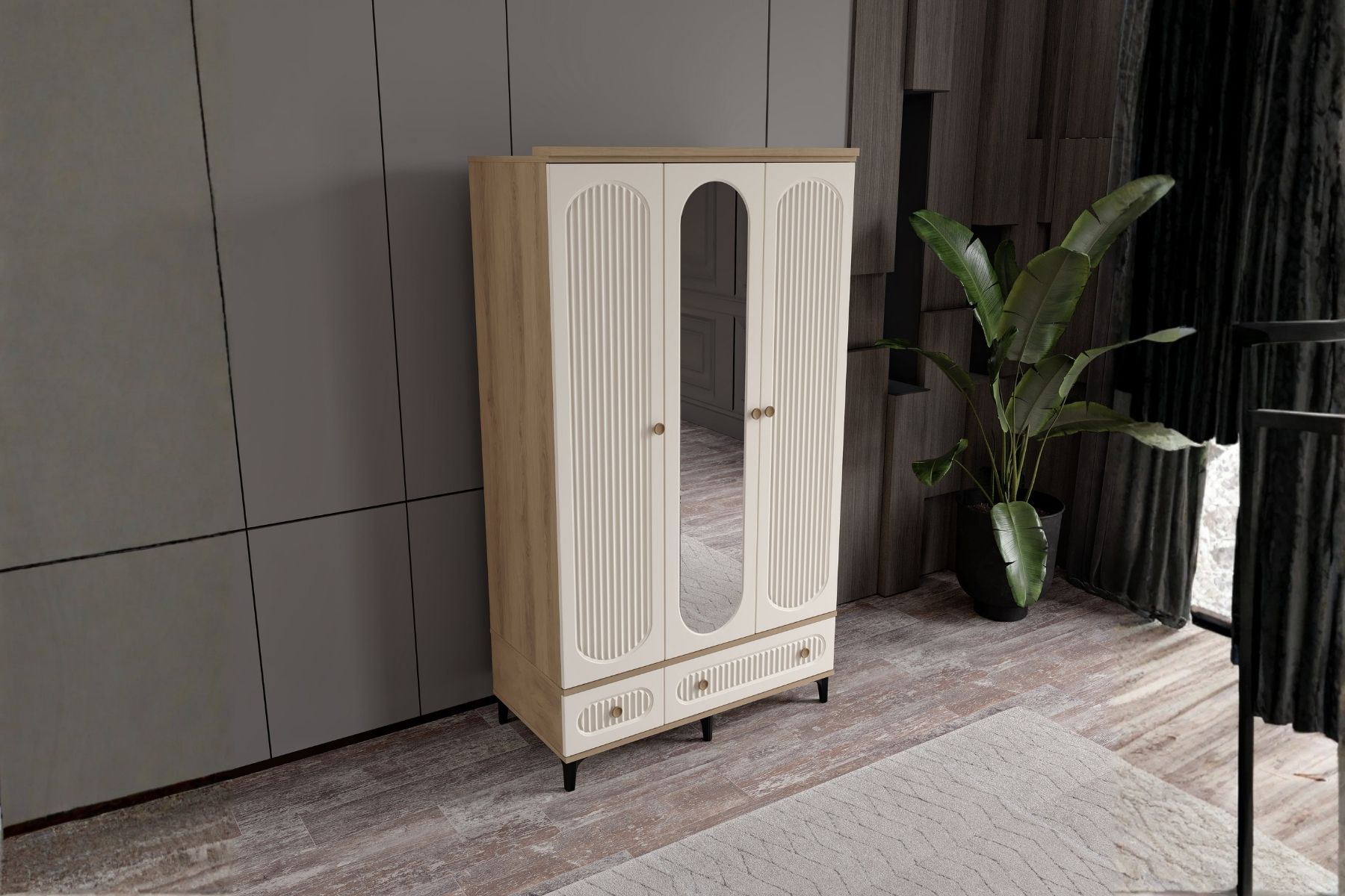 Cast Walnut 3 Kapılı Aynalı Gardırop 