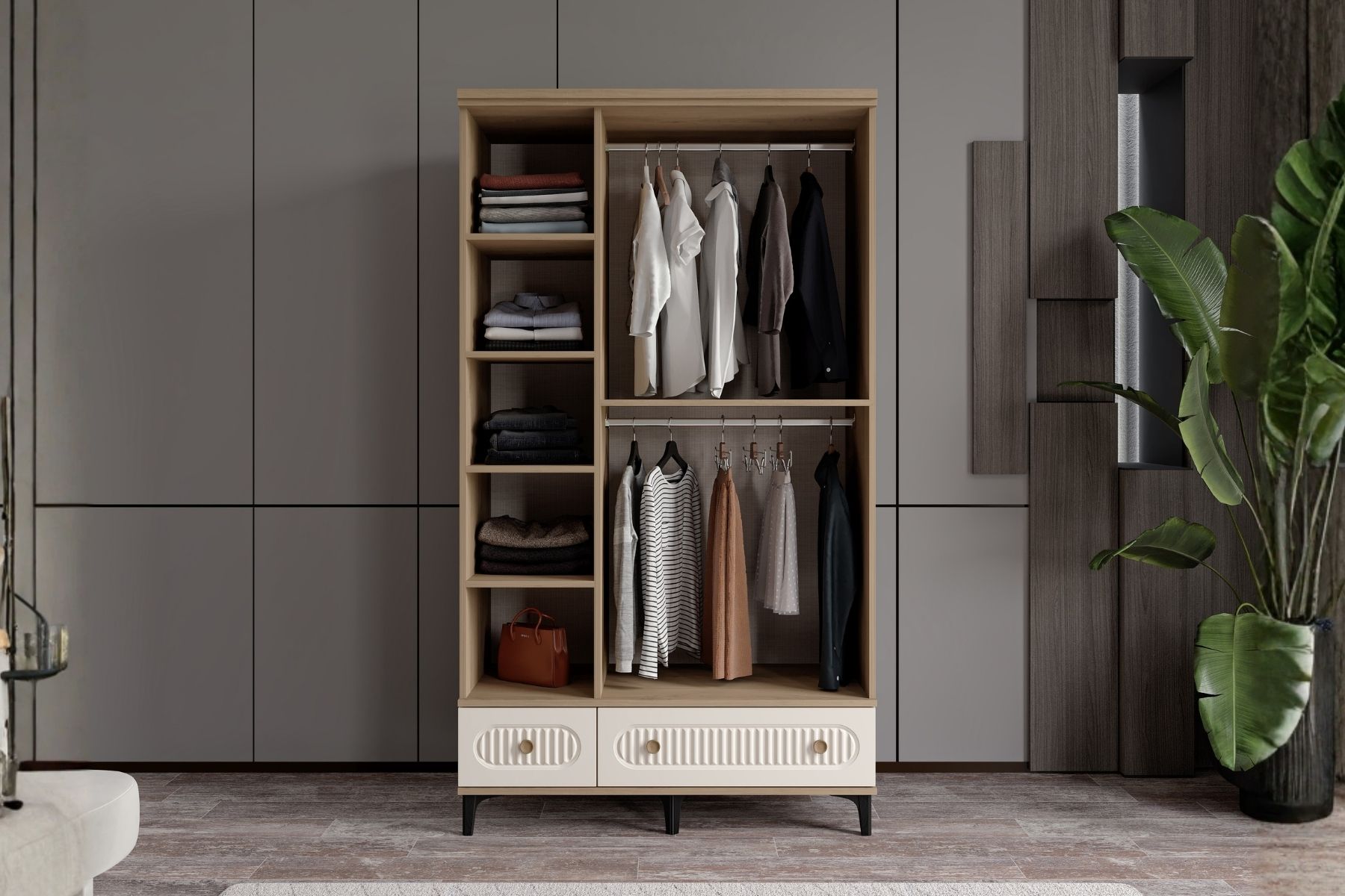 Cast Walnut 3 Kapılı Aynalı Gardırop 