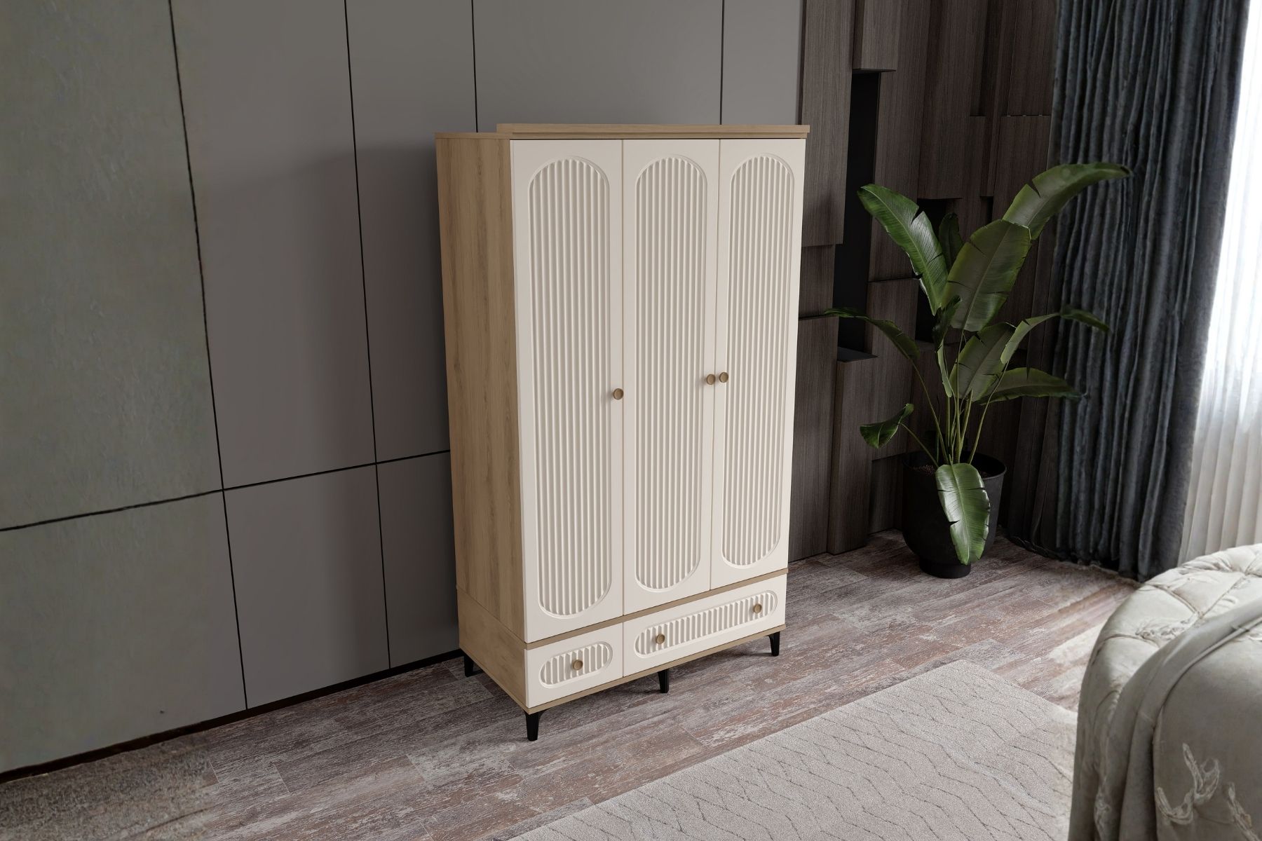 Cast Walnut 3 Kapılı Gardırop 