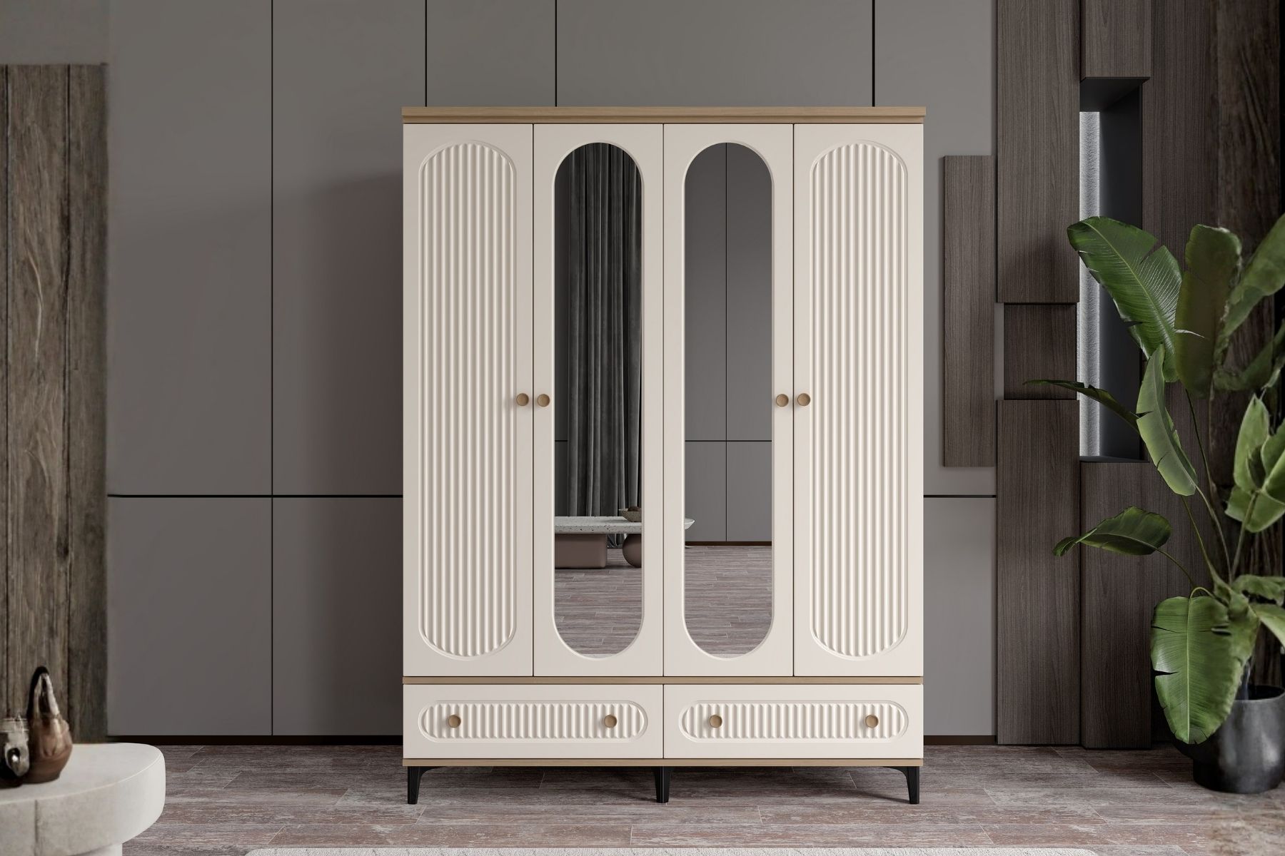 Cast Walnut 4 Kapılı Aynalı Gardırop 