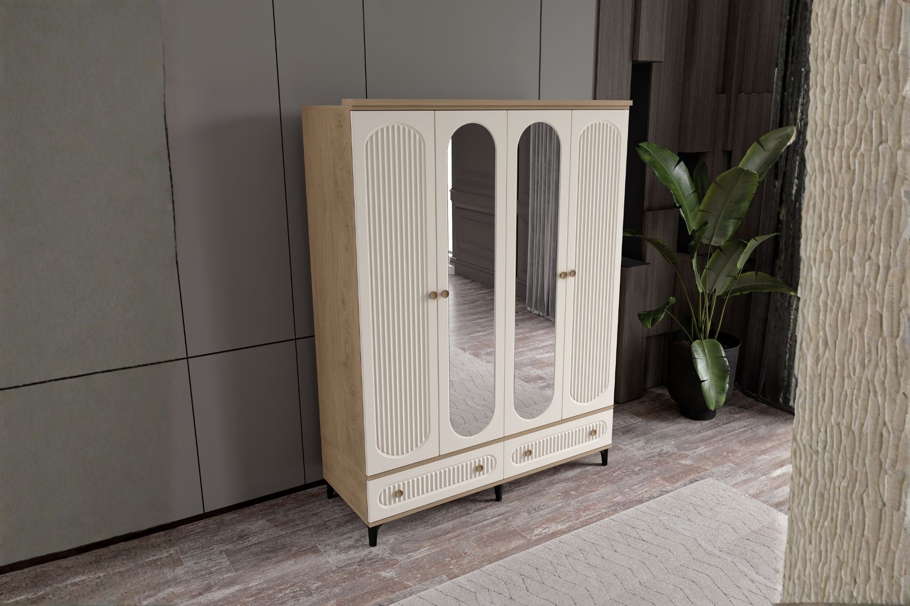 Cast Walnut 4 Kapılı Aynalı Gardırop 