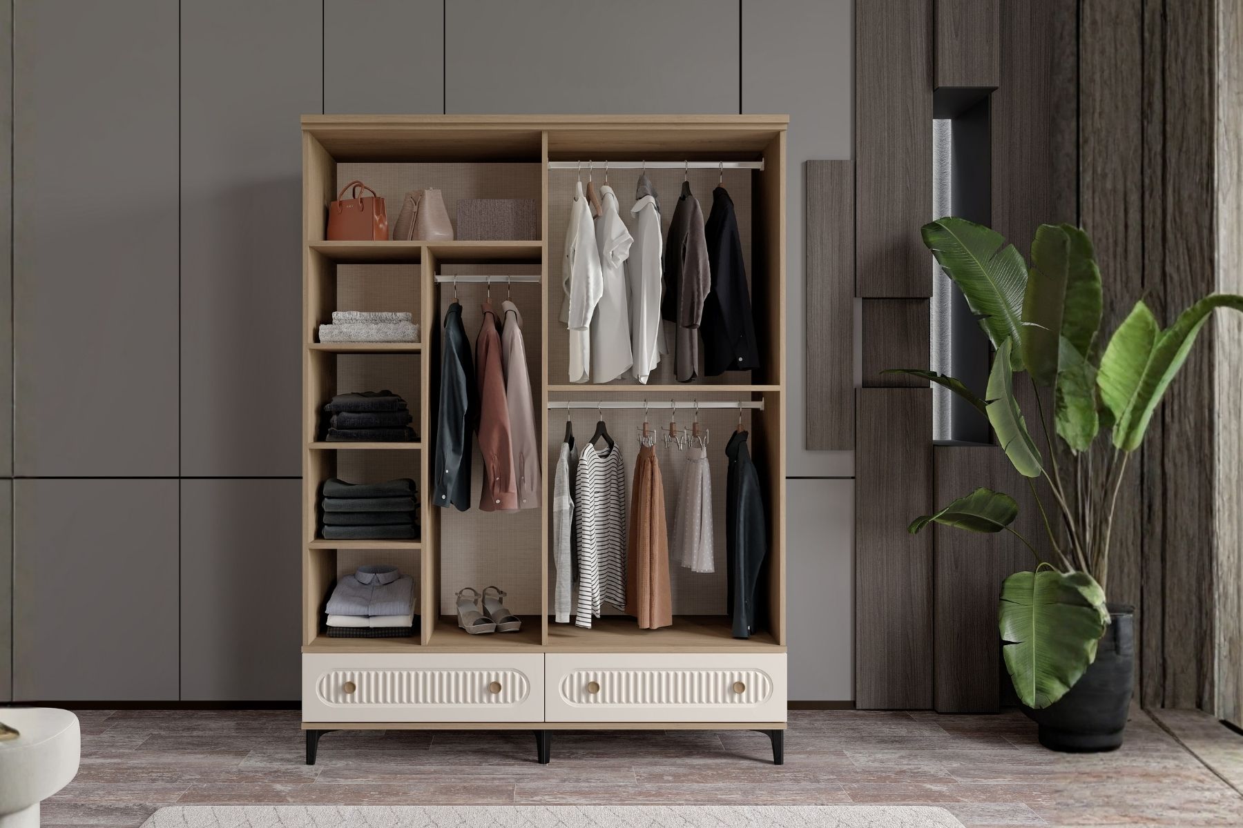 Cast Walnut 4 Kapılı Aynalı Gardırop 