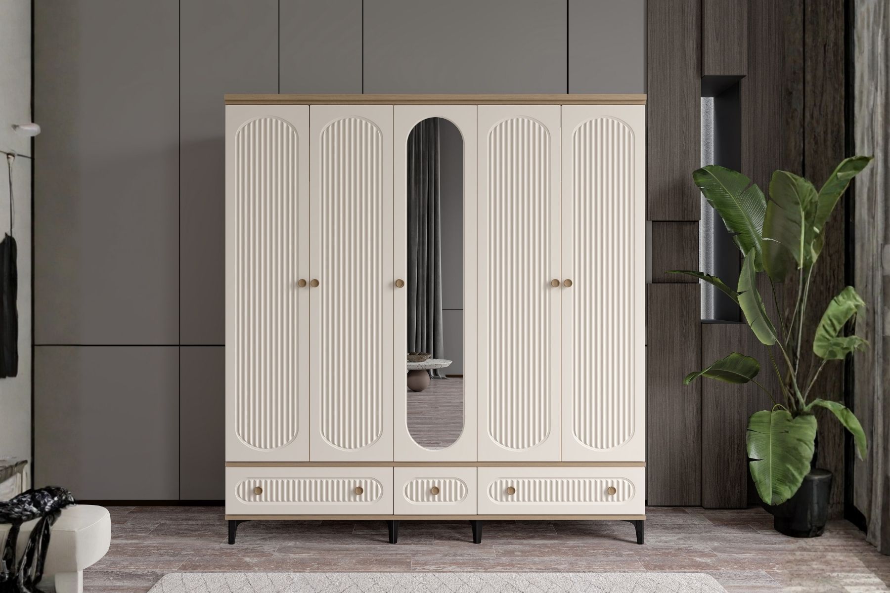 Cast Walnut 5 Kapılı Aynalı Gardırop 