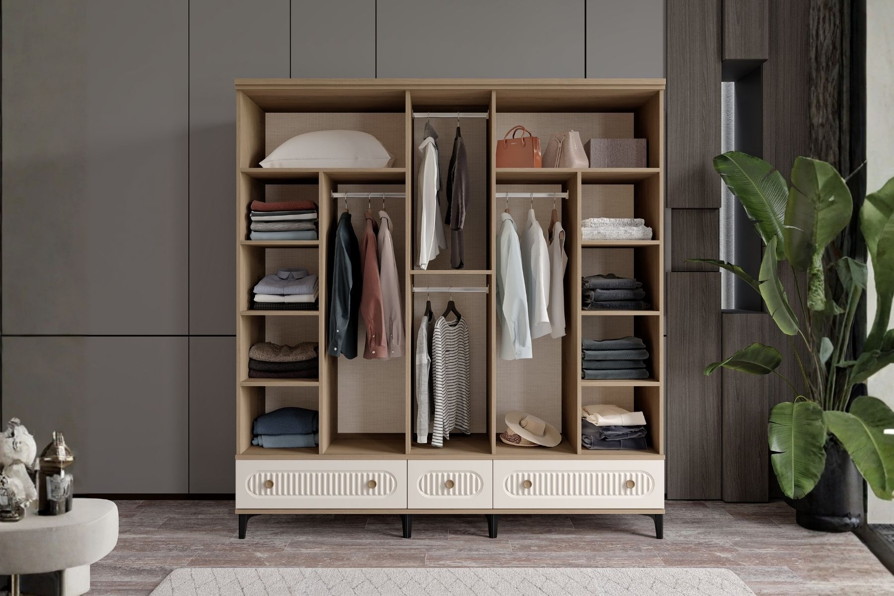 Cast Walnut 5 Kapılı Aynalı Gardırop 