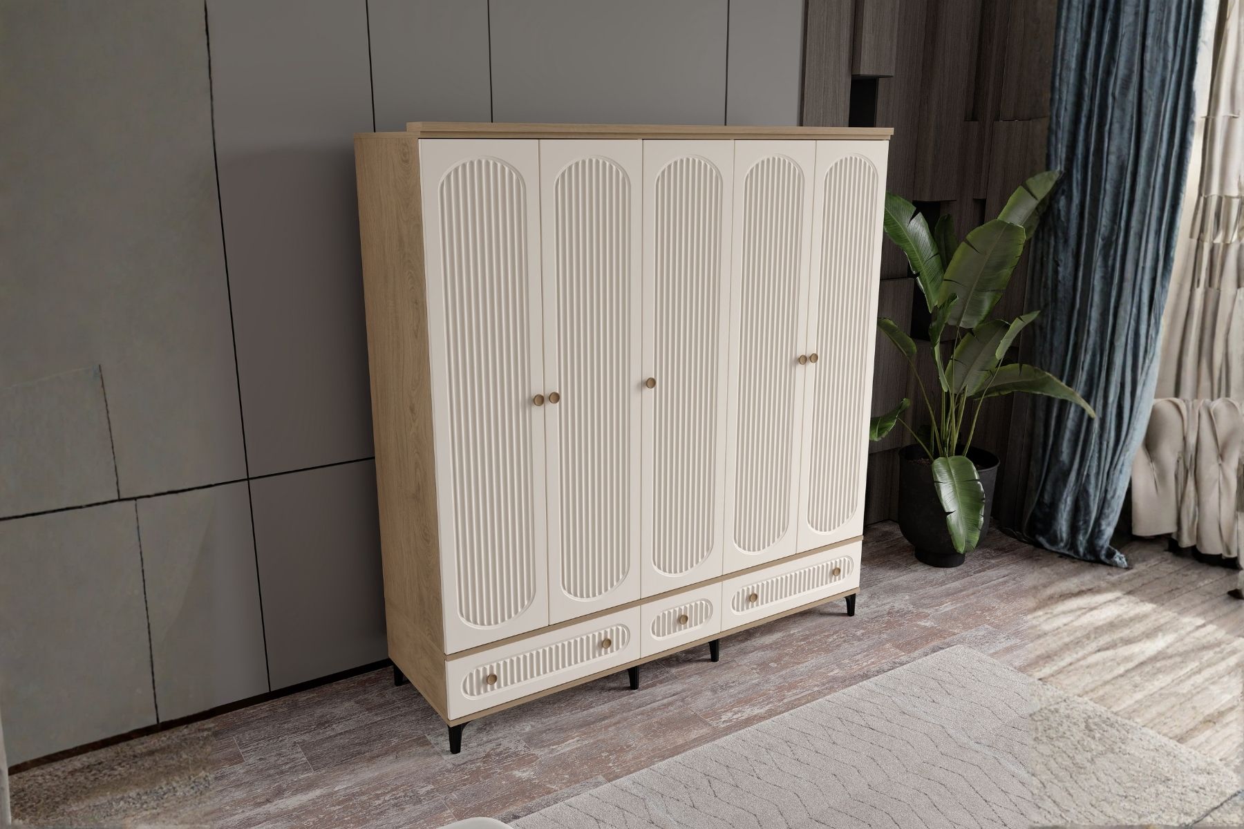 Cast Walnut 5 Kapılı Gardırop 