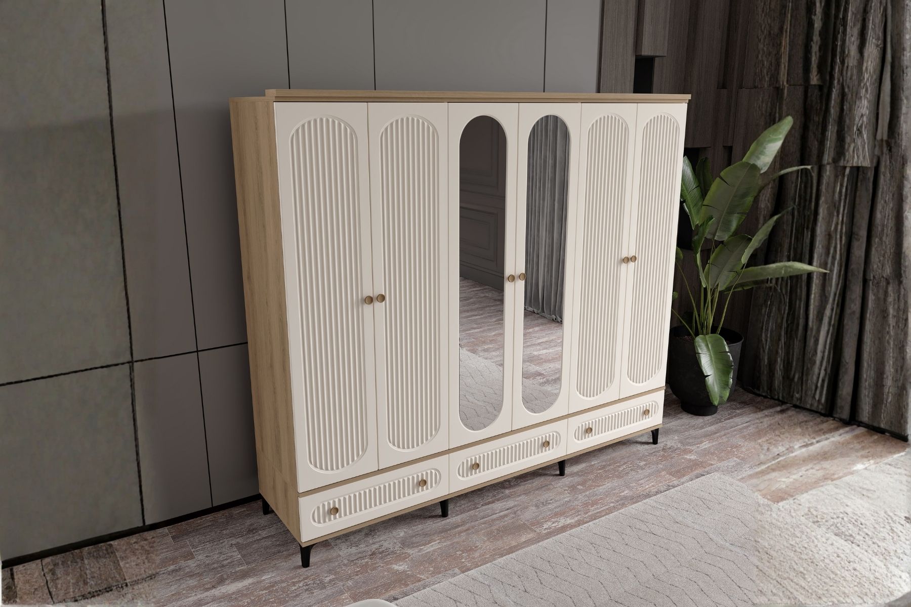 Cast Walnut 6 Kapılı Aynalı Gardırop 