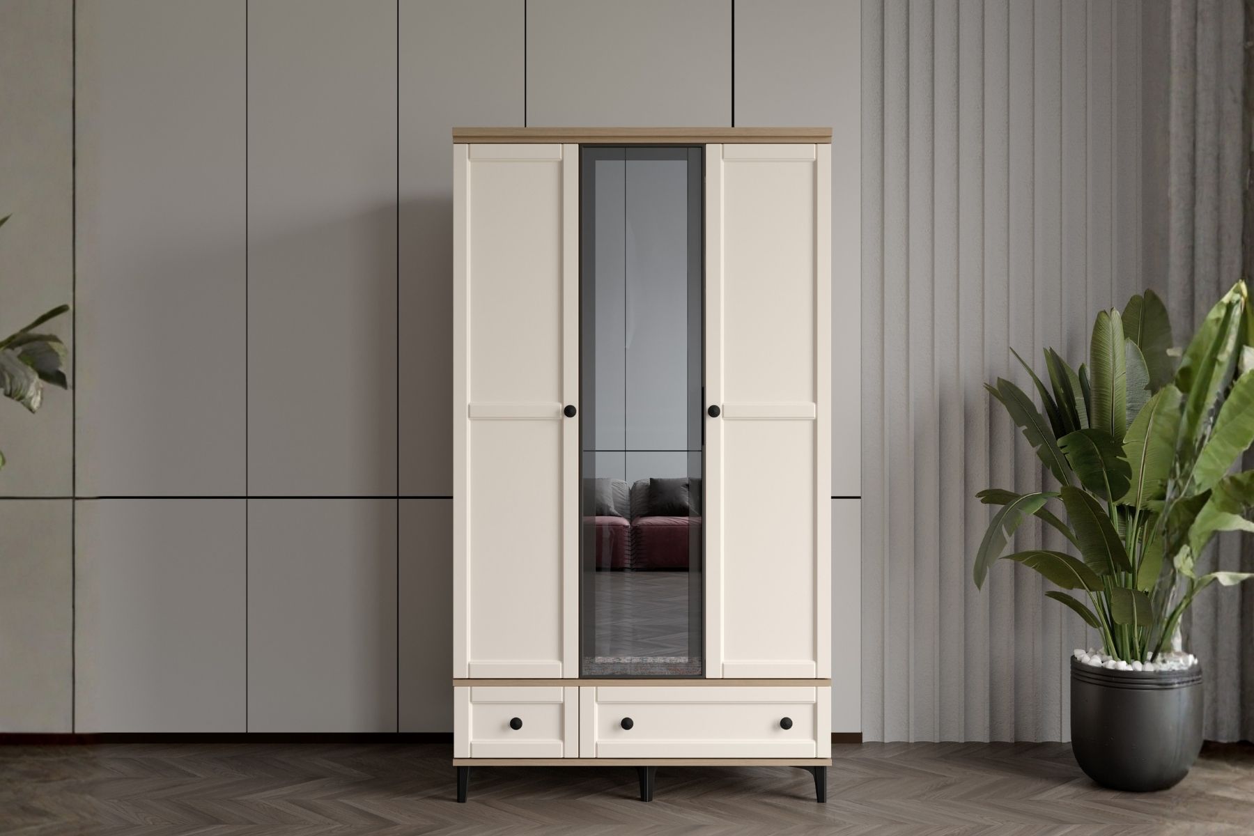 Duns Walnut 3 Kapılı Camlı Gardırop 