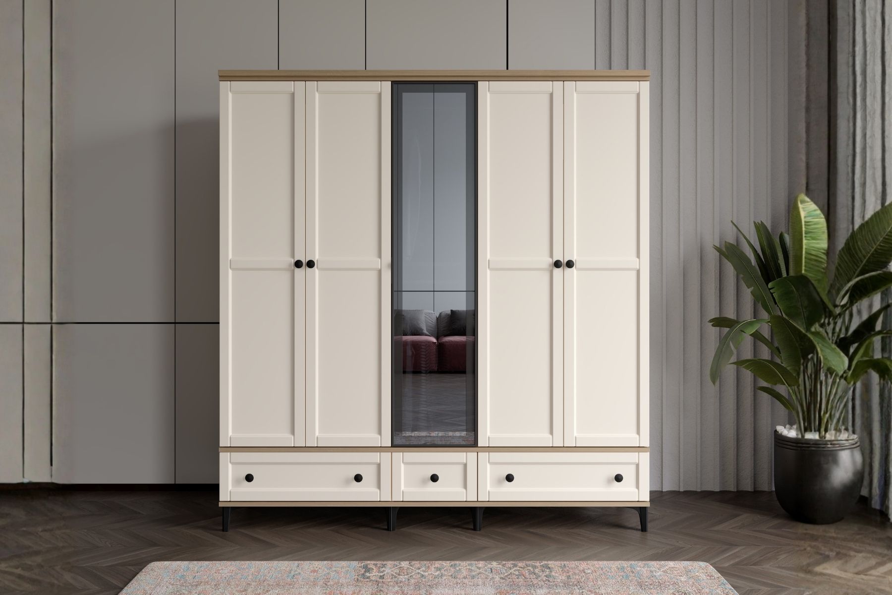 Duns Walnut 5 Kapılı Camlı Gardırop 