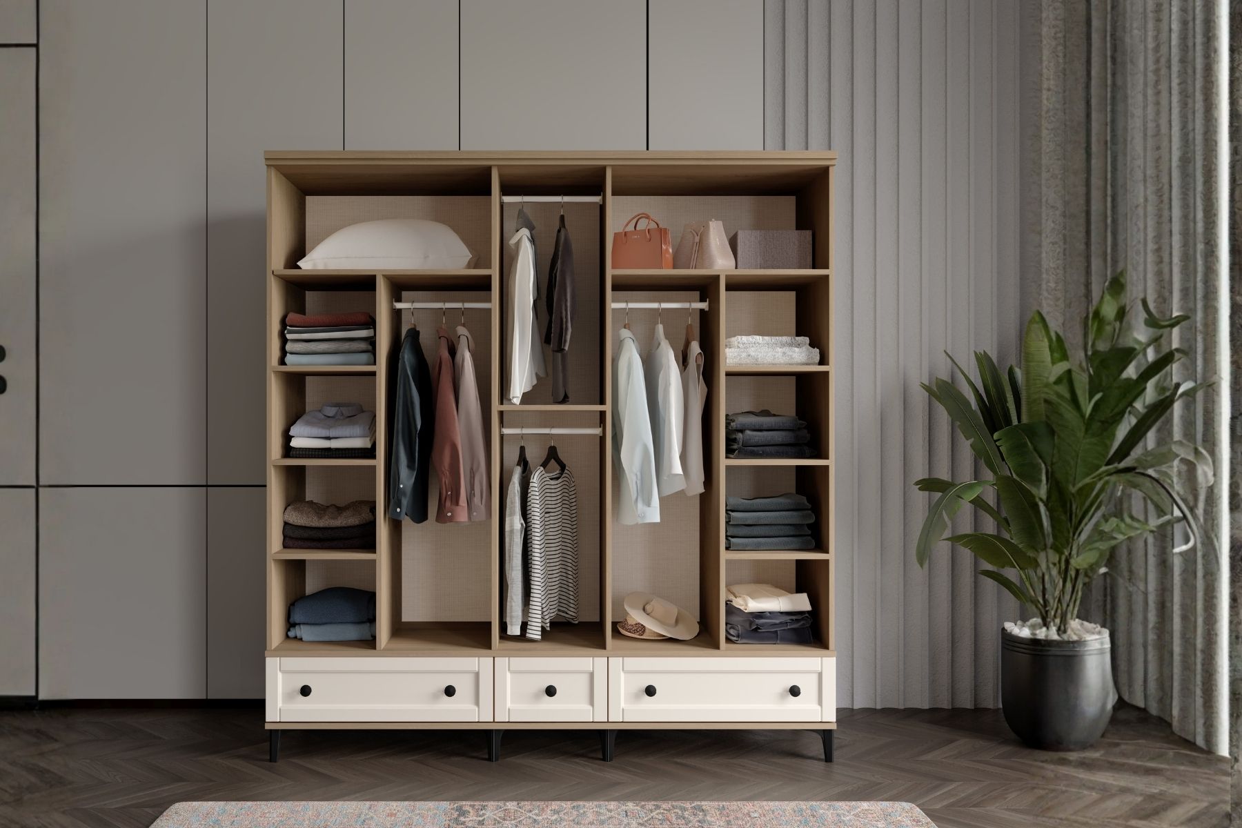 Duns Walnut 5 Kapılı Camlı Gardırop 