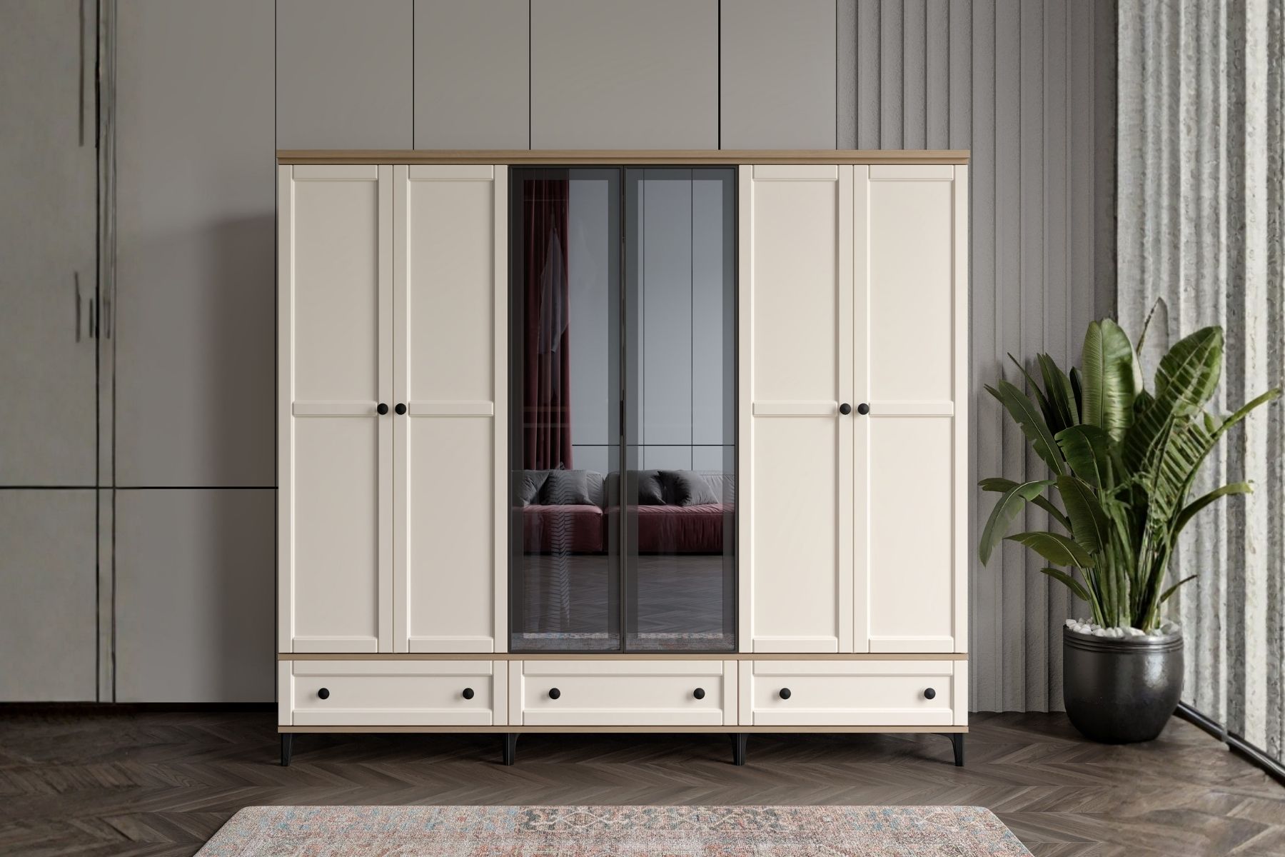 Duns Walnut 6 Kapılı Camlı Gardırop 