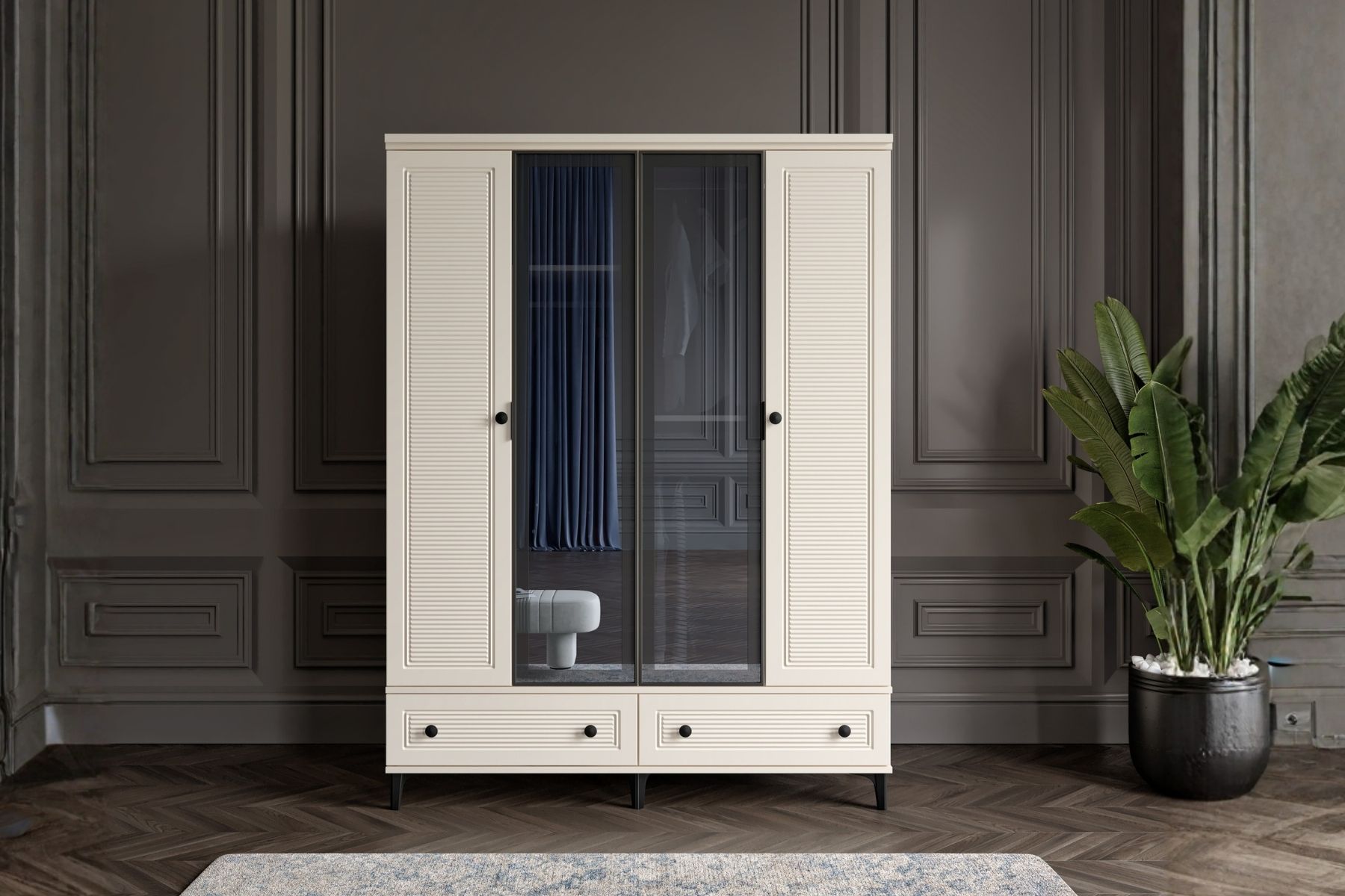 Zare Moon 4 Kapılı Camlı Gardırop