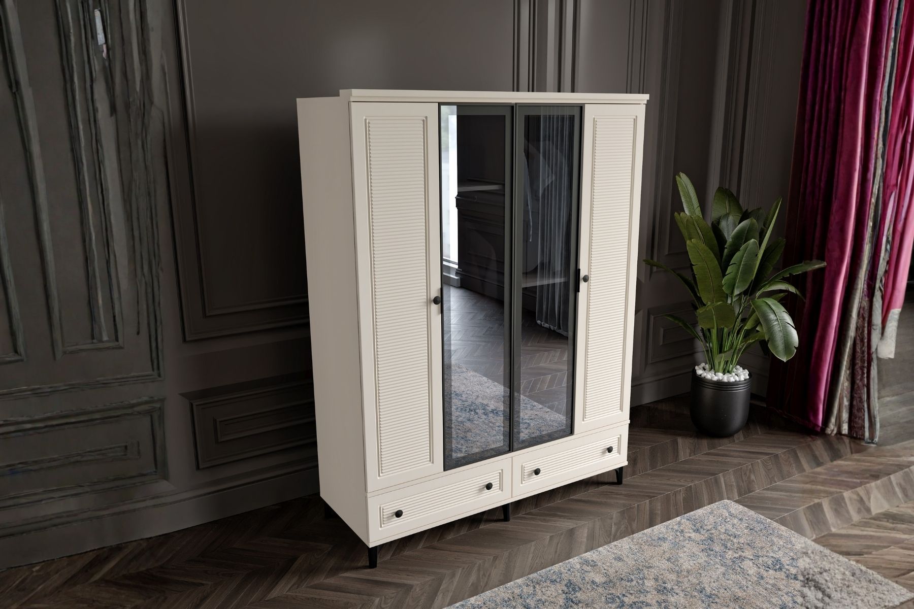 Zare Moon 4 Kapılı Camlı Gardırop