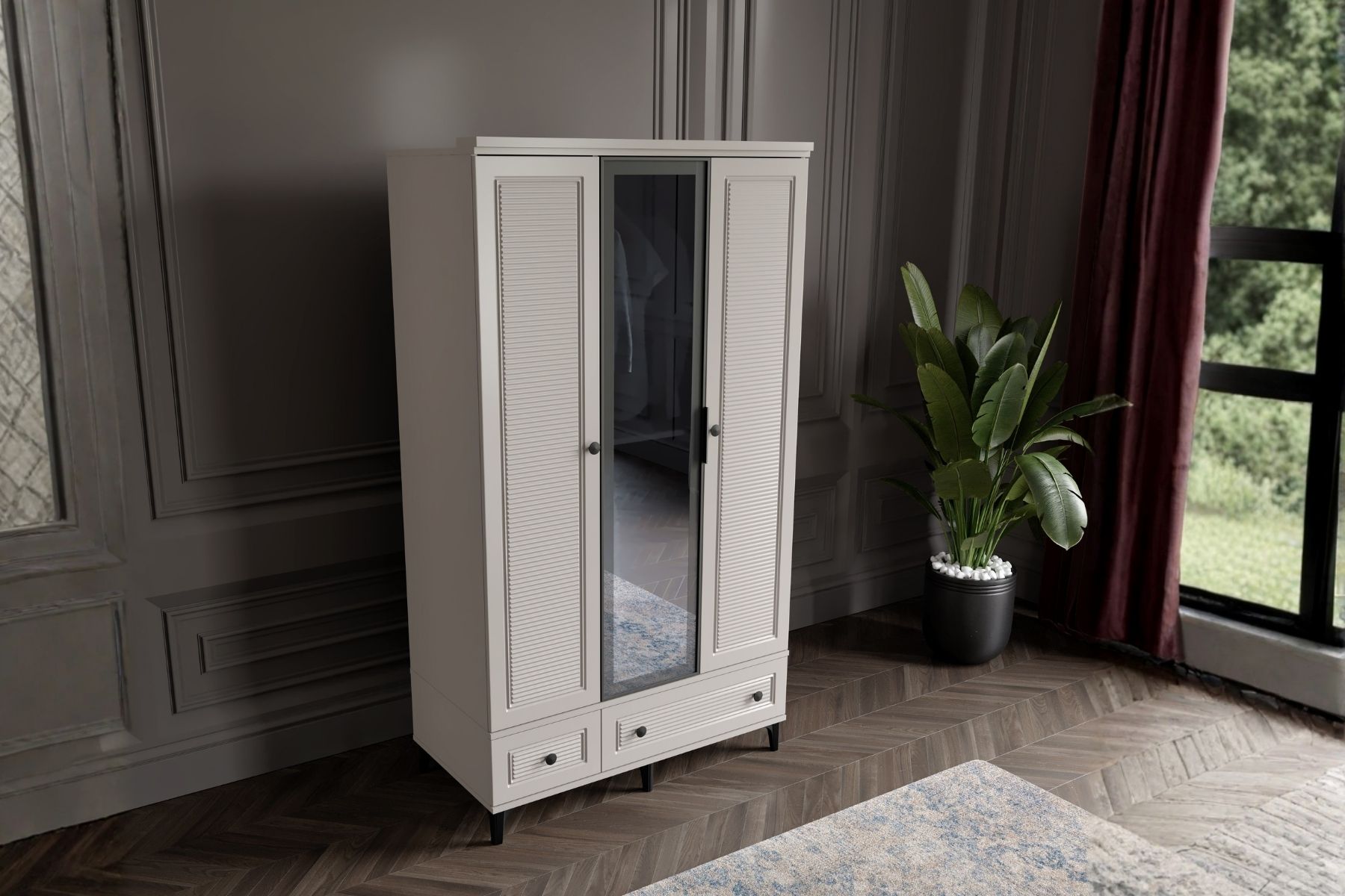 Zare Sand 3 Kapılı Camlı Gardırop