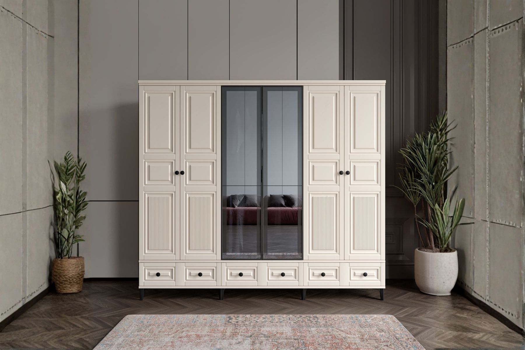 Merz Walnut 6 Kapılı Camlı Gardırop 