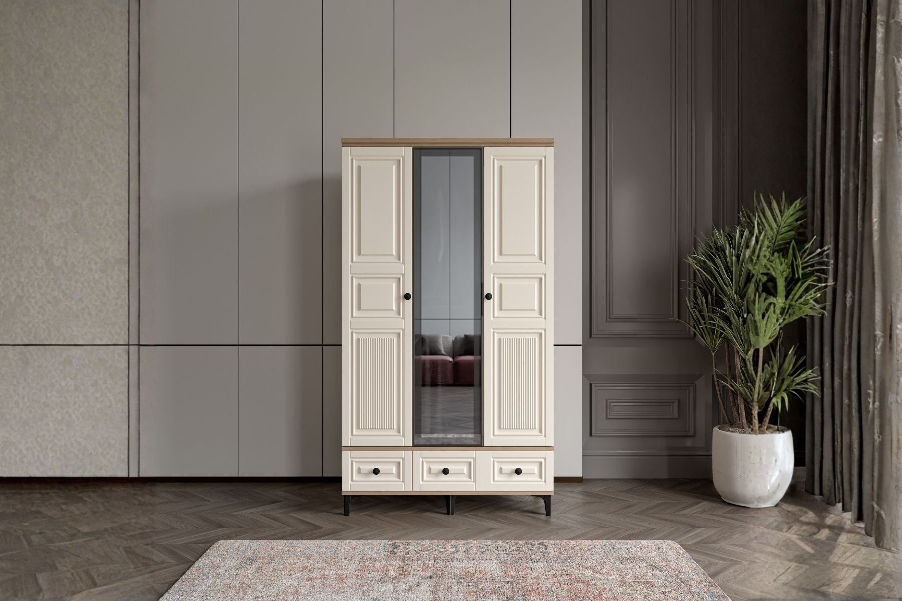 Merz Walnut 3 Kapılı Camlı Gardırop 