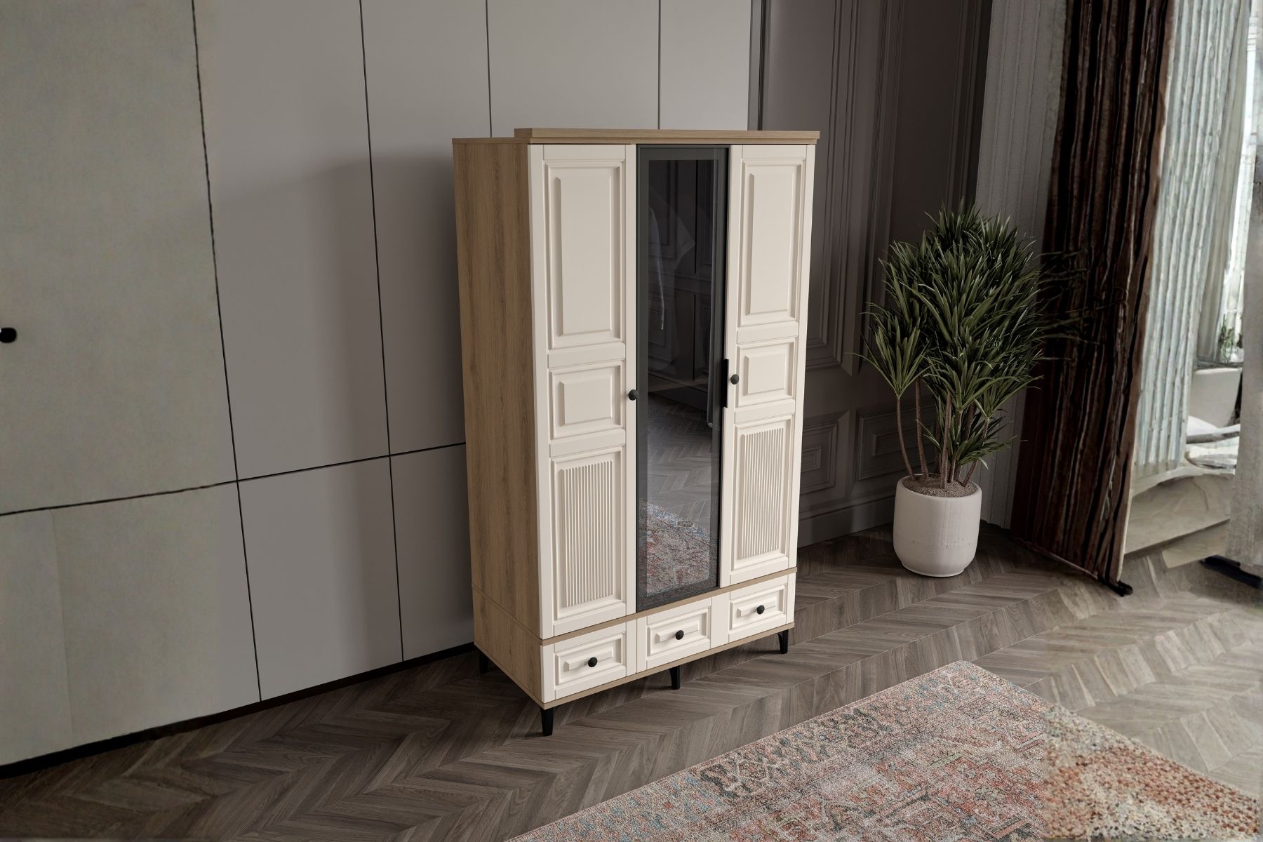 Merz Walnut 3 Kapılı Camlı Gardırop 