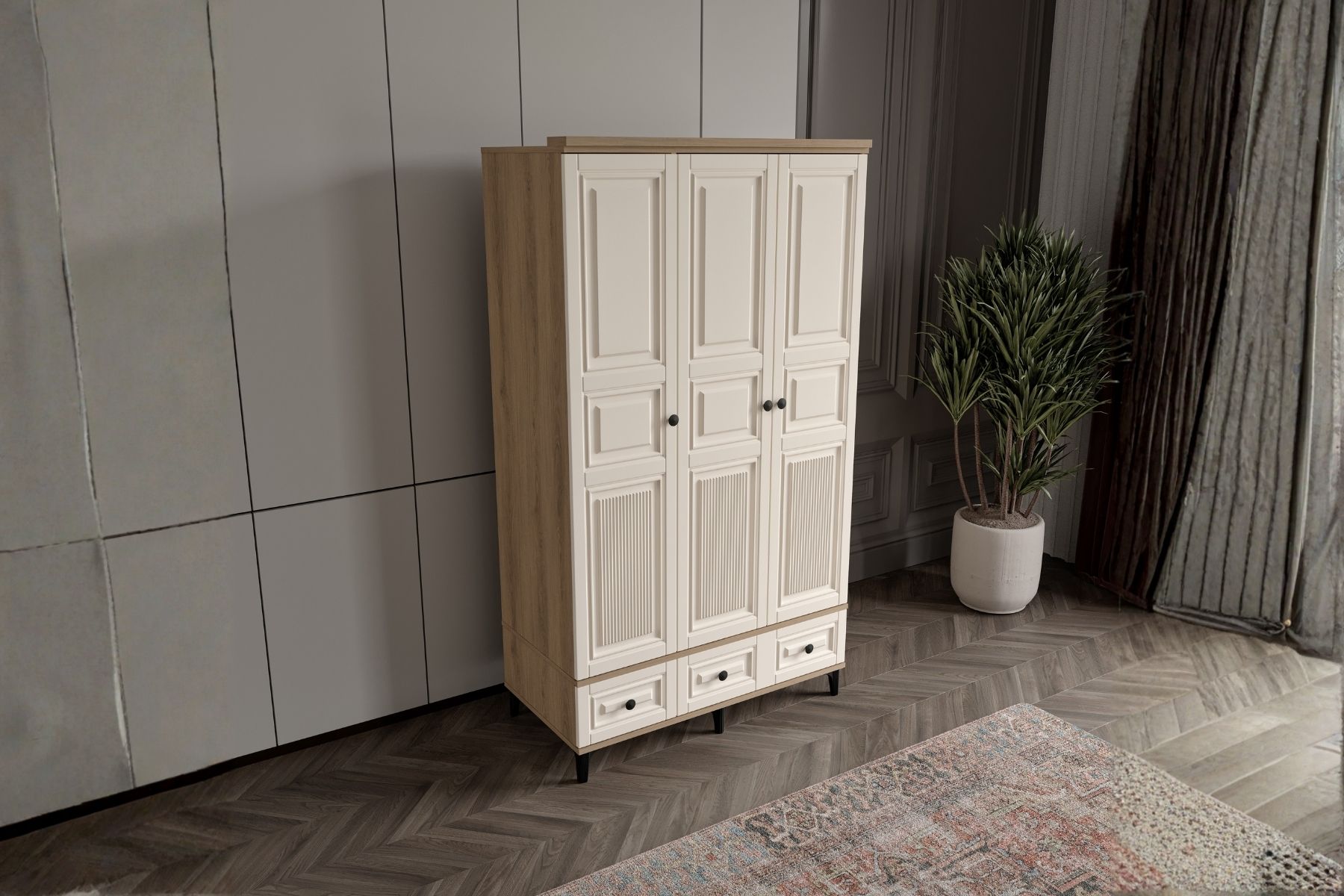 Merz Walnut 3 Kapılı Gardırop 