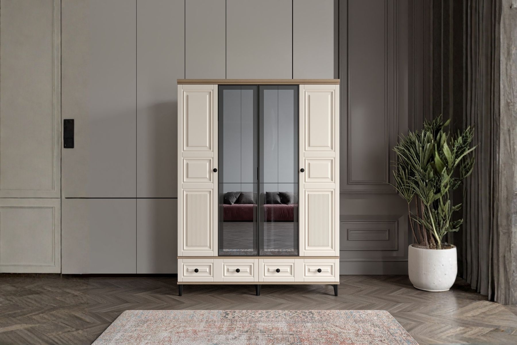 Merz Walnut 4 Kapılı Camlı Gardırop 