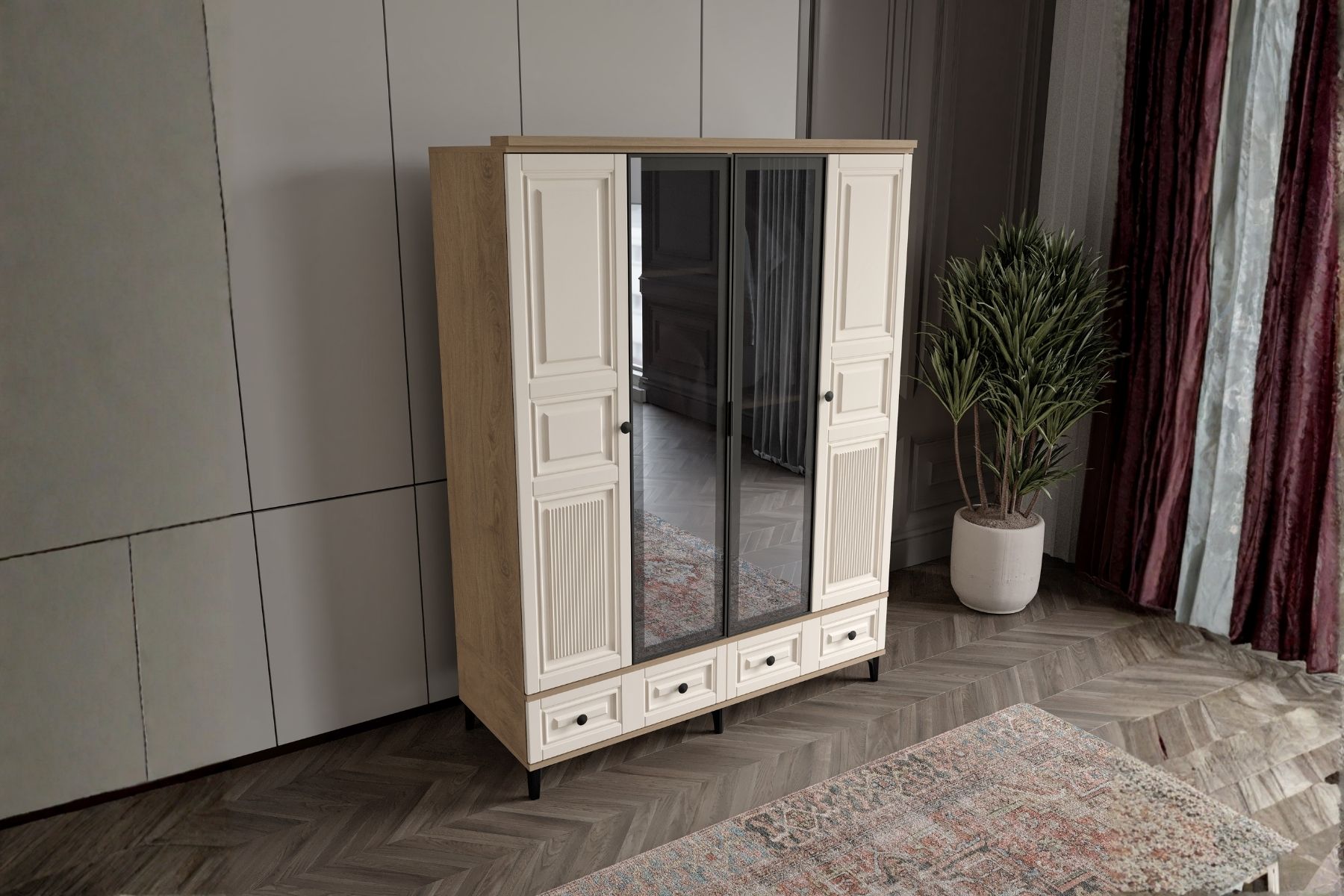 Merz Walnut 4 Kapılı Camlı Gardırop 