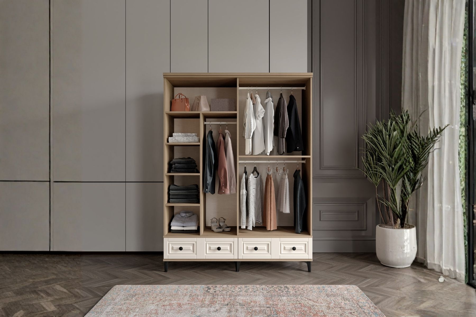 Merz Walnut 4 Kapılı Camlı Gardırop 