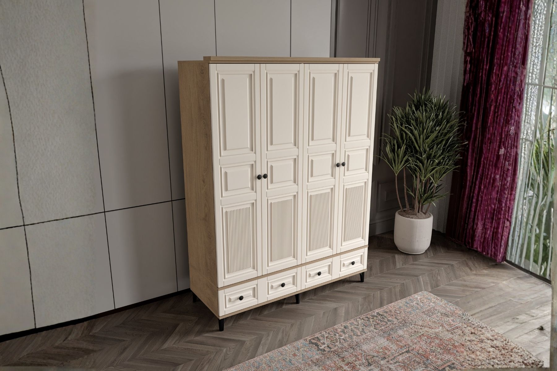 Merz Walnut 4 Kapılı Gardırop 