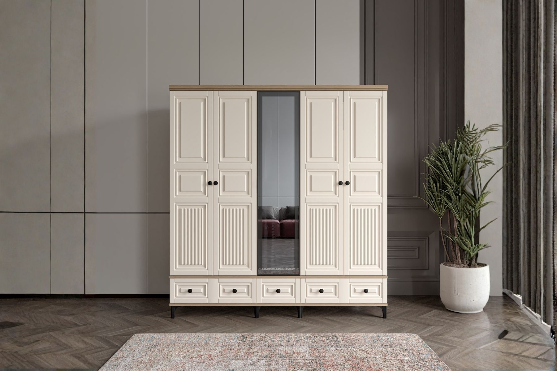 Merz Walnut 5 Kapılı Camlı Gardırop 