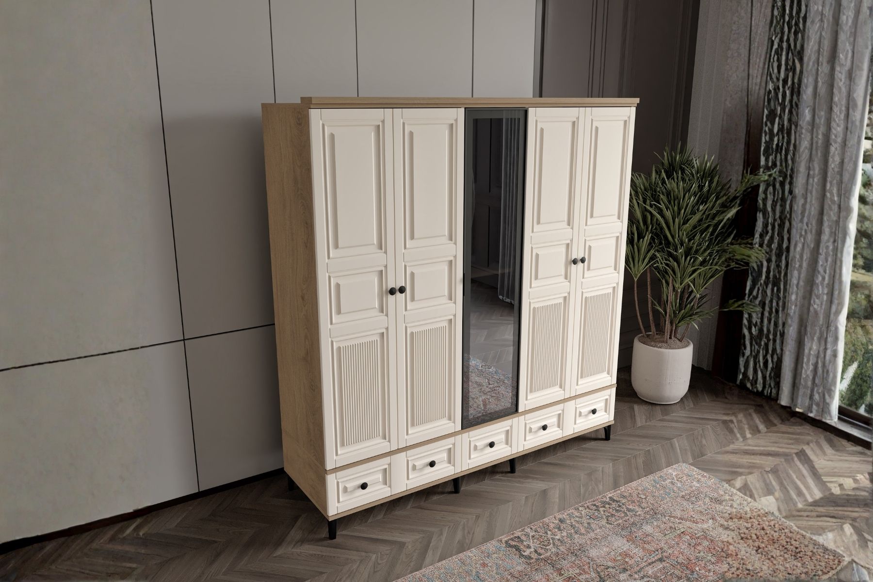 Merz Walnut 5 Kapılı Camlı Gardırop 