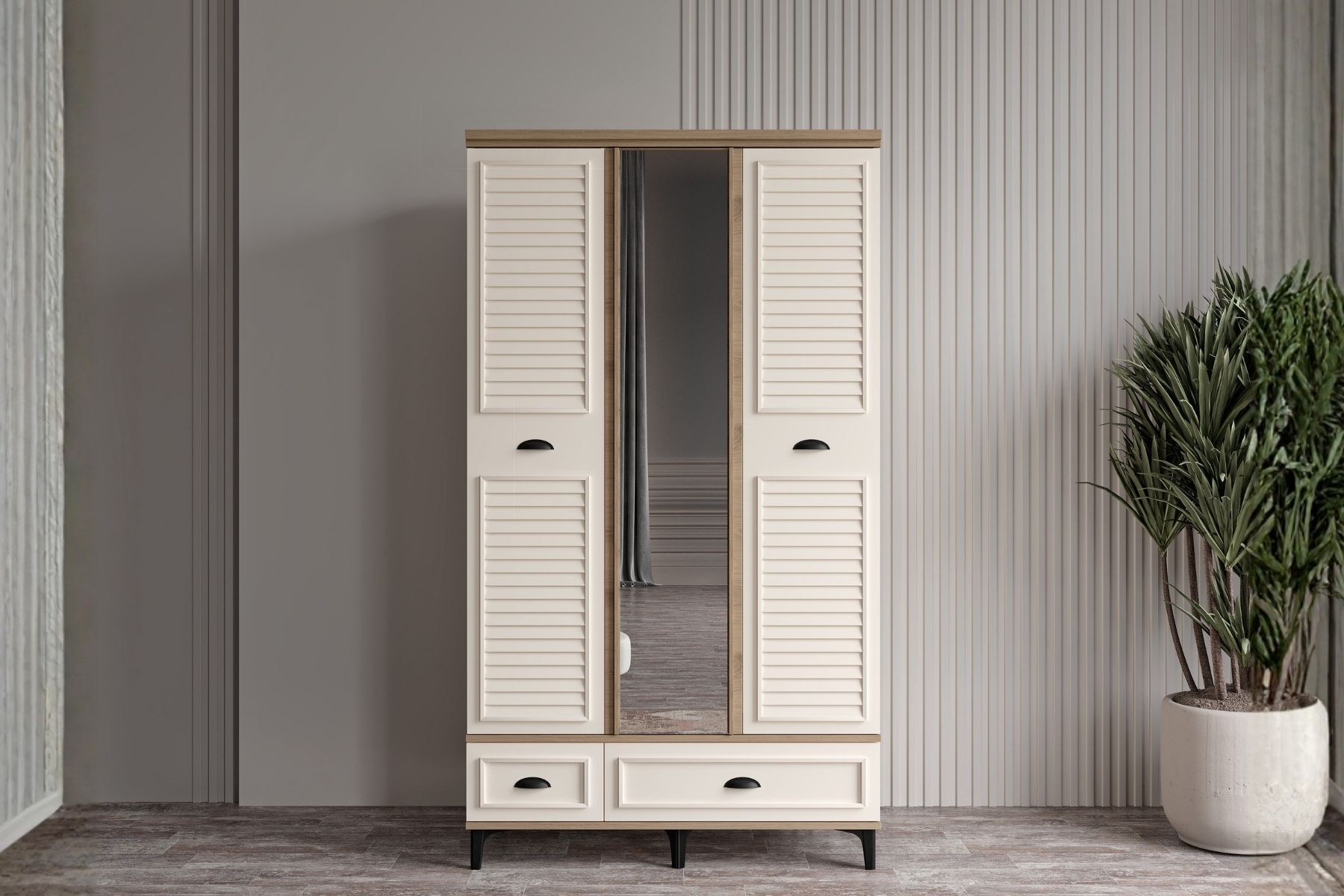 Char Walnut 3 Kapılı Aynalı Gardırop 